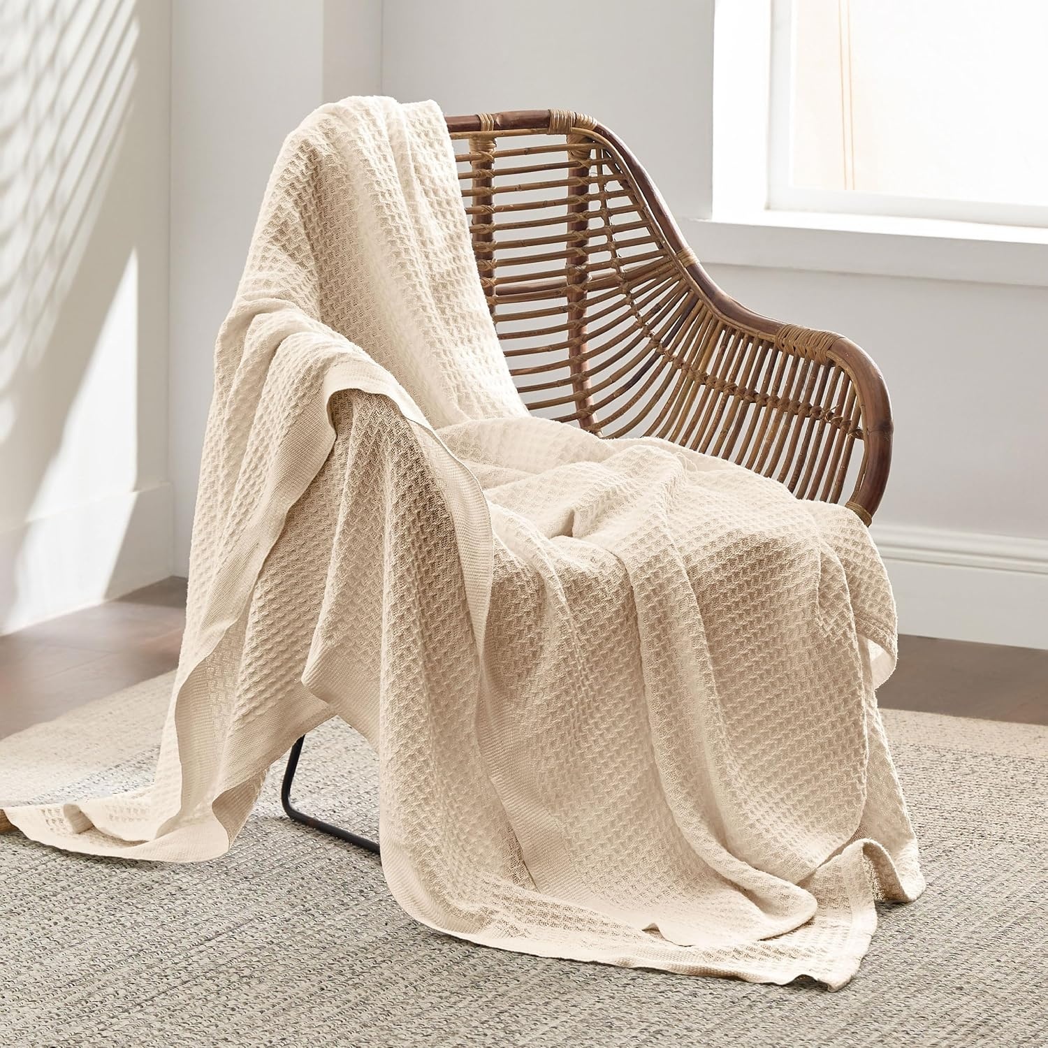 image:imageBedsure 100 Cotton Blanket Queen Size for Bed Cooling Breathable and Soft for Summer and Fall Thick Cozy Waffle Weave Blanket Gifts for Women White 90x90 Inches10 Yellowish Cream