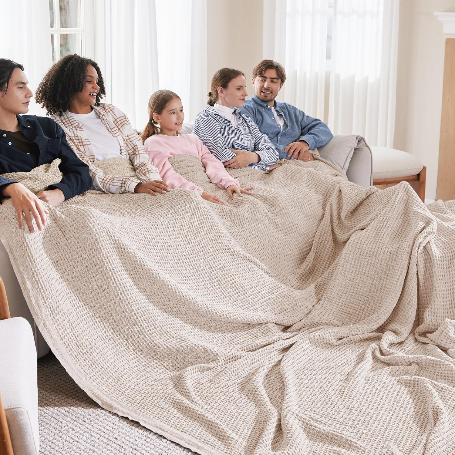 image:imageBedsure 100 Cotton Blanket Queen Size for Bed Cooling Breathable and Soft for Summer and Fall Thick Cozy Waffle Weave Blanket Gifts for Women White 90x90 Inches02 Beige