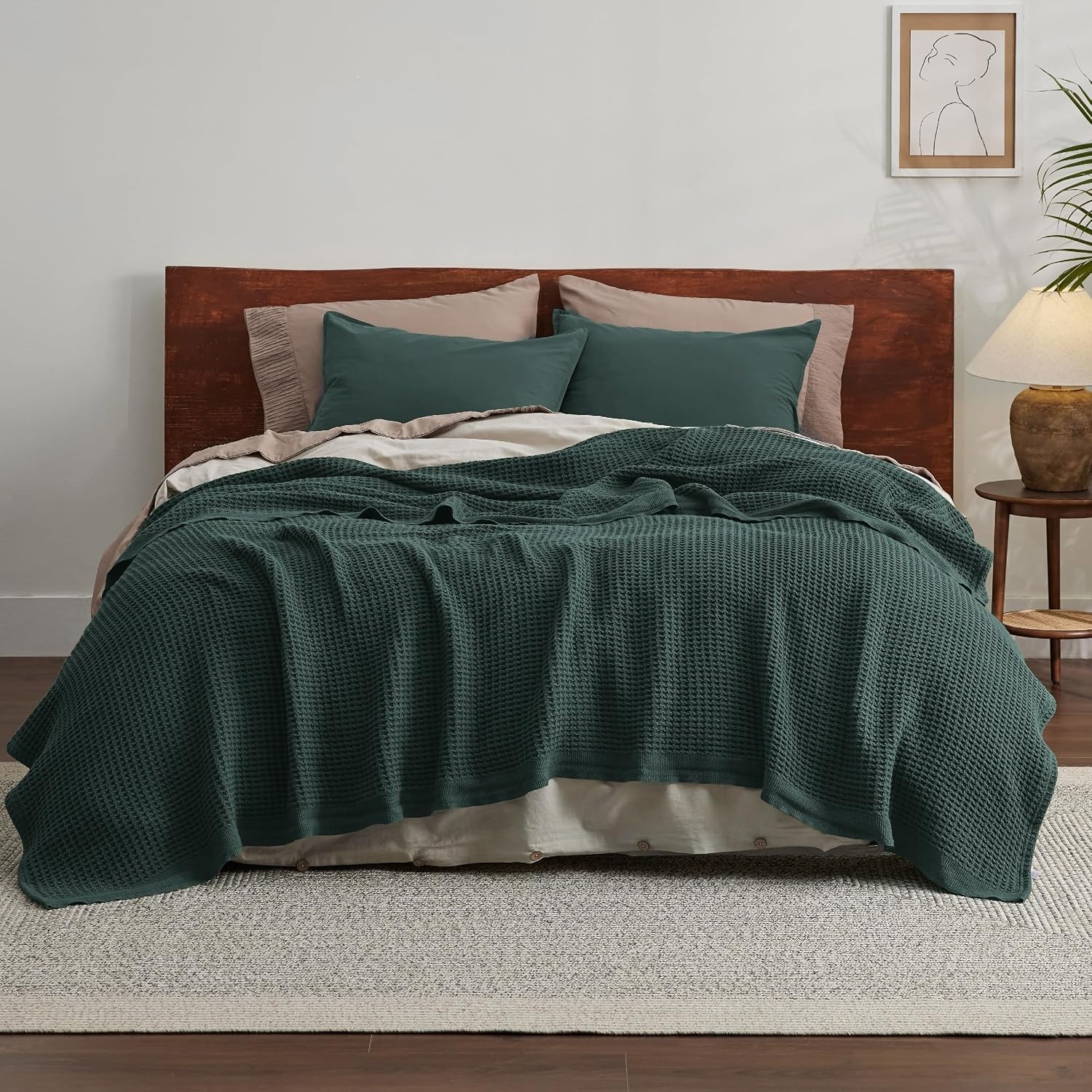 image:imageBedsure 100 Cotton Blanket Queen Size for Bed Cooling Breathable and Soft for Summer and Fall Thick Cozy Waffle Weave Blanket Gifts for Women White 90x90 Inches13 Dark Green