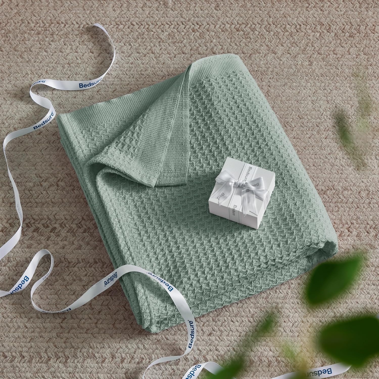 image:imageBedsure 100 Cotton Blanket Queen Size for Bed Cooling Breathable and Soft for Summer and Fall Thick Cozy Waffle Weave Blanket Gifts for Women White 90x90 Inches04 Sage Green