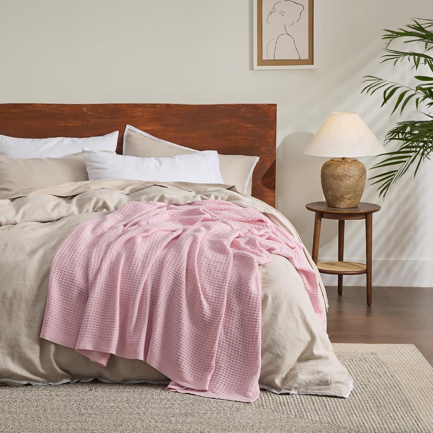 image:imageBedsure 100 Cotton Blanket Queen Size for Bed Cooling Breathable and Soft for Summer and Fall Thick Cozy Waffle Weave Blanket Gifts for Women White 90x90 Inches20 Light Pink