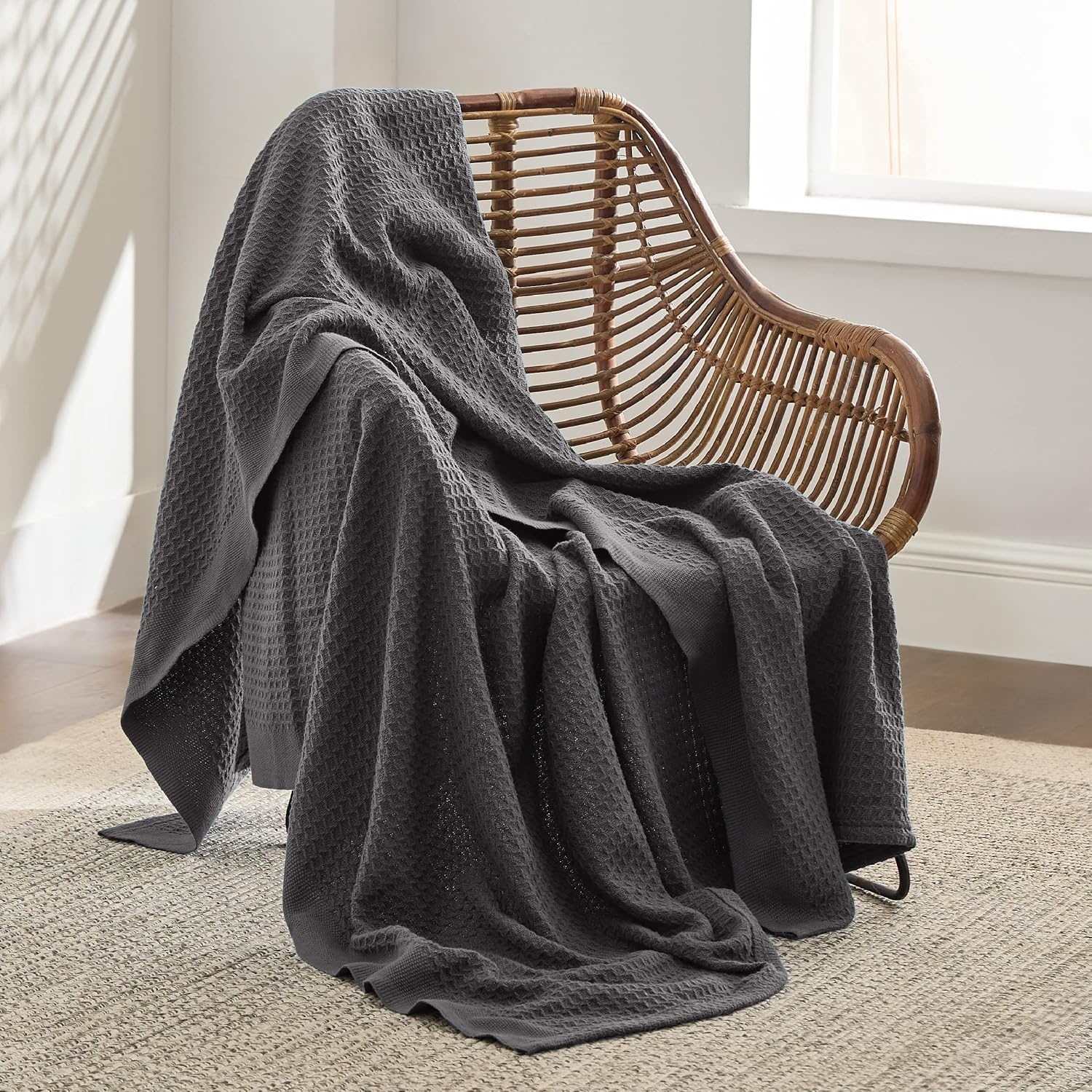 image:imageBedsure 100 Cotton Blanket Queen Size for Bed Cooling Breathable and Soft for Summer and Fall Thick Cozy Waffle Weave Blanket Gifts for Women White 90x90 Inches12 Dark Grey