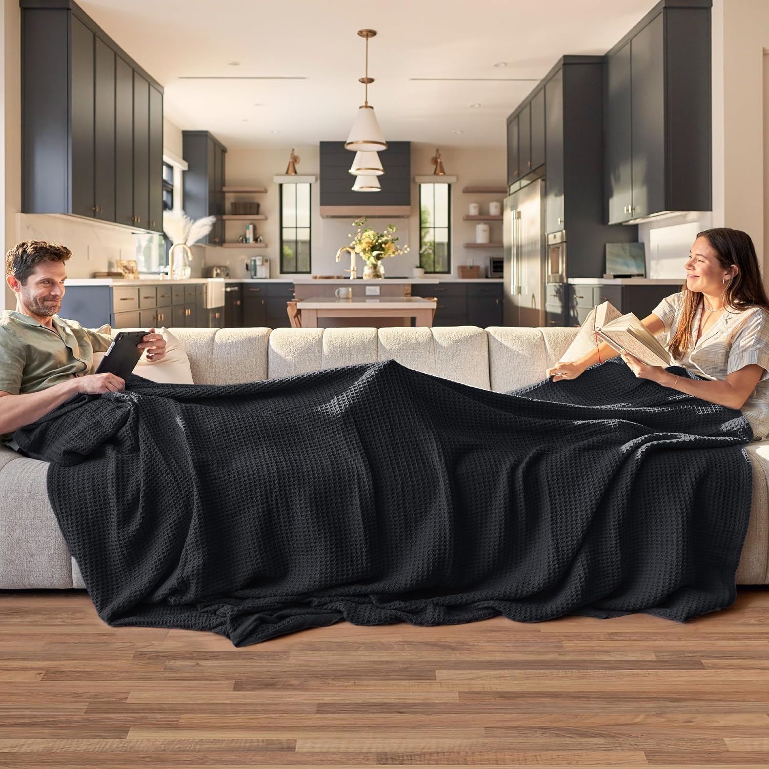image:imageBedsure 100 Cotton Blanket Queen Size for Bed Cooling Breathable and Soft for Summer and Fall Thick Cozy Waffle Weave Blanket Gifts for Women White 90x90 Inches11 Black