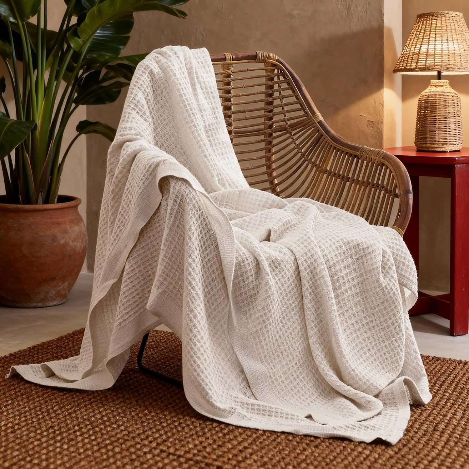 image:imageBedsure 100 Cotton Blanket Queen Size for Bed Cooling Breathable and Soft for Summer and Fall Thick Cozy Waffle Weave Blanket Gifts for Women White 90x90 Inches02 Beige