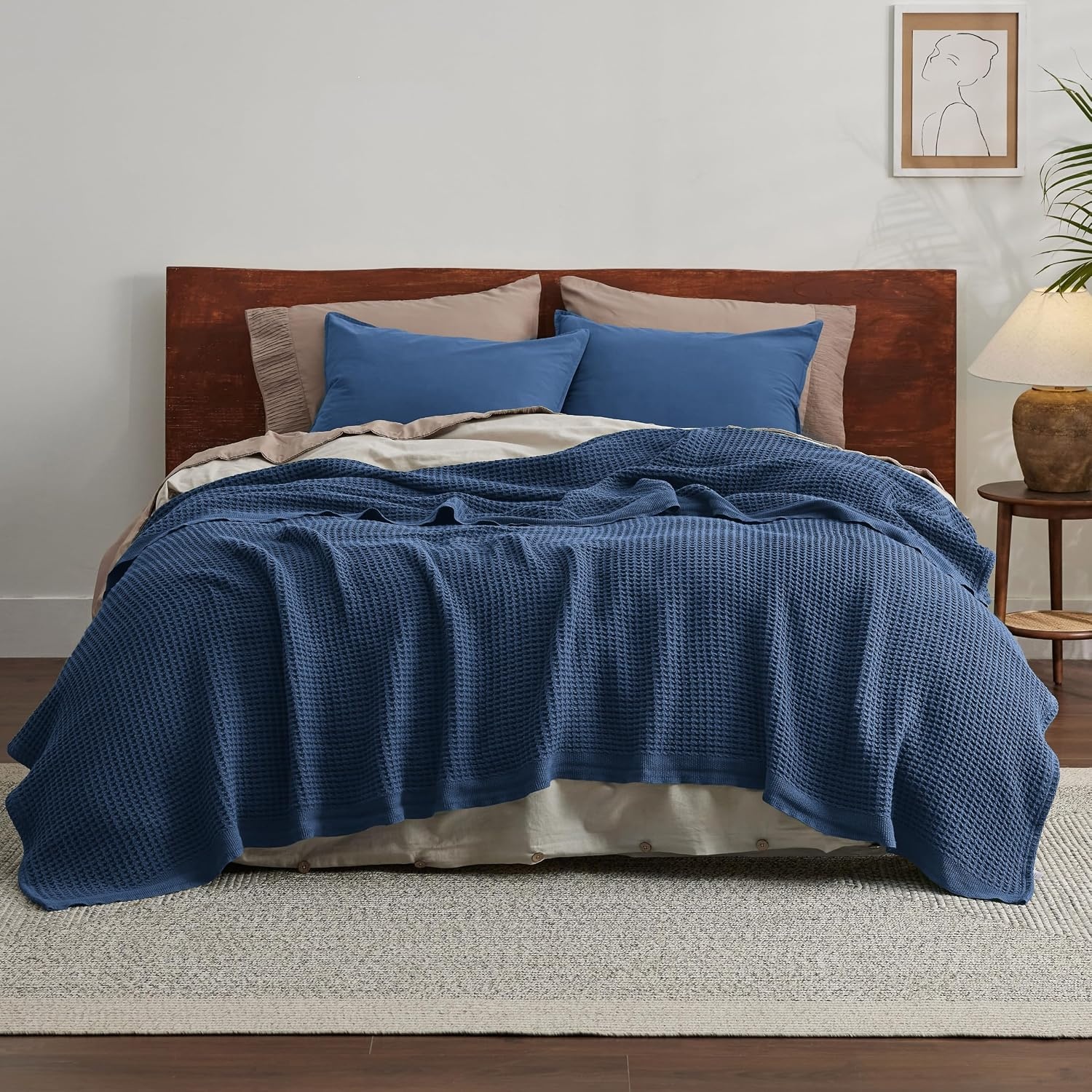 image:imageBedsure 100 Cotton Blanket Queen Size for Bed Cooling Breathable and Soft for Summer and Fall Thick Cozy Waffle Weave Blanket Gifts for Women White 90x90 Inches10 Navy