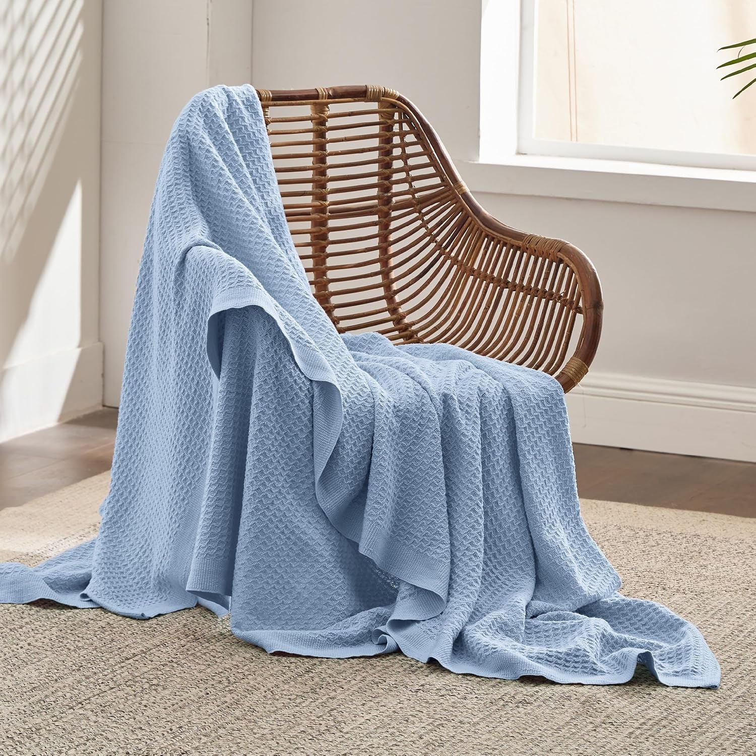 image:imageBedsure 100 Cotton Blanket Queen Size for Bed Cooling Breathable and Soft for Summer and Fall Thick Cozy Waffle Weave Blanket Gifts for Women White 90x90 Inches09 Sky Blue