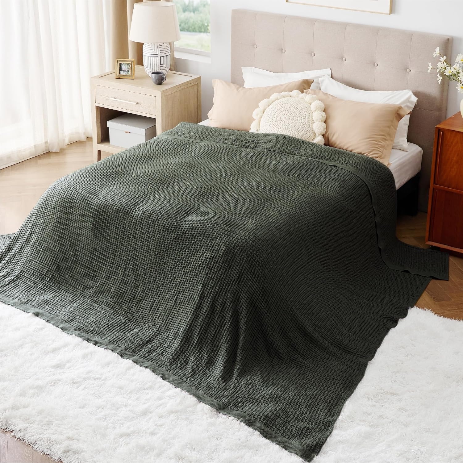 image:imageBedsure 100 Cotton Blanket Queen Size for Bed Cooling Breathable and Soft for Summer and Fall Thick Cozy Waffle Weave Blanket Gifts for Women White 90x90 Inches05 Olive Green
