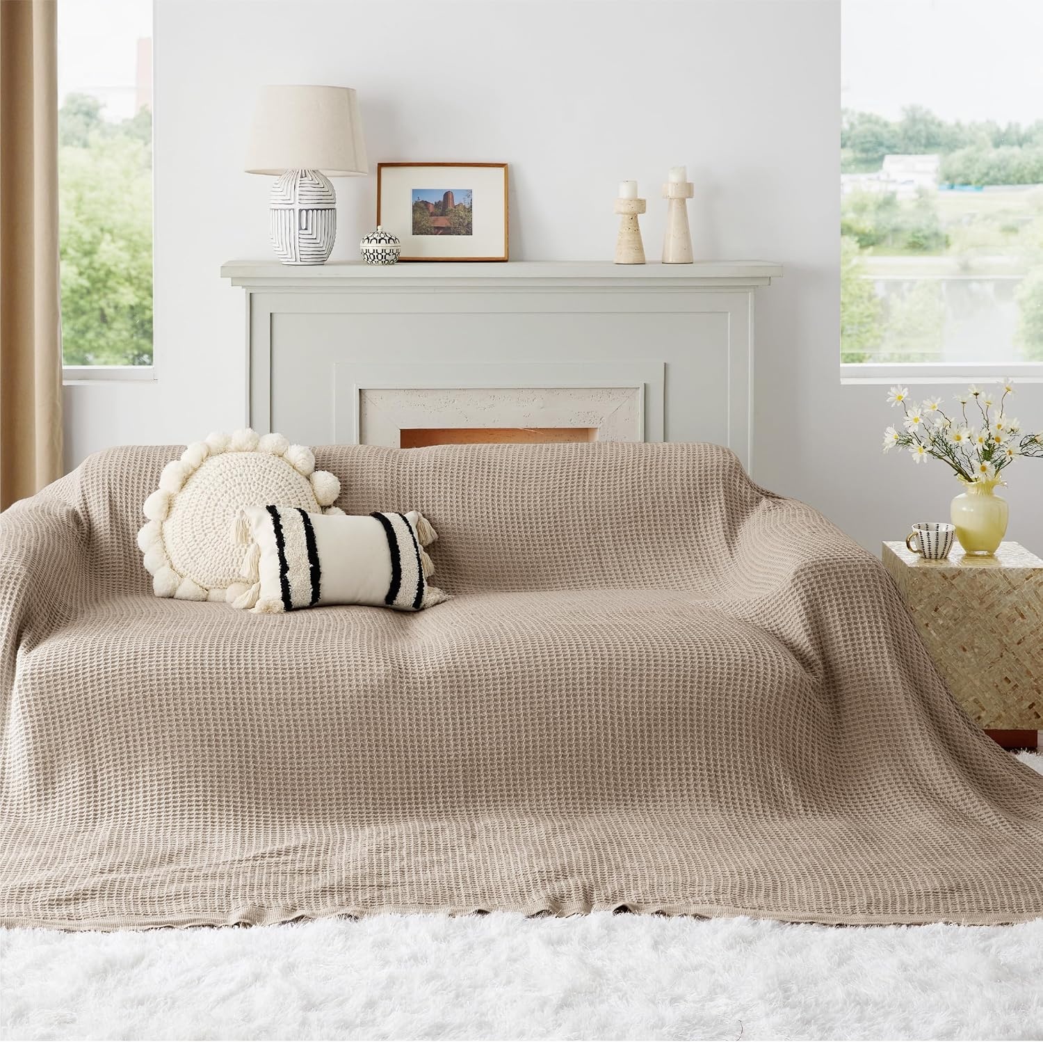 image:imageBedsure 100 Cotton Blanket Queen Size for Bed Cooling Breathable and Soft for Summer and Fall Thick Cozy Waffle Weave Blanket Gifts for Women White 90x90 Inches03 Taupe