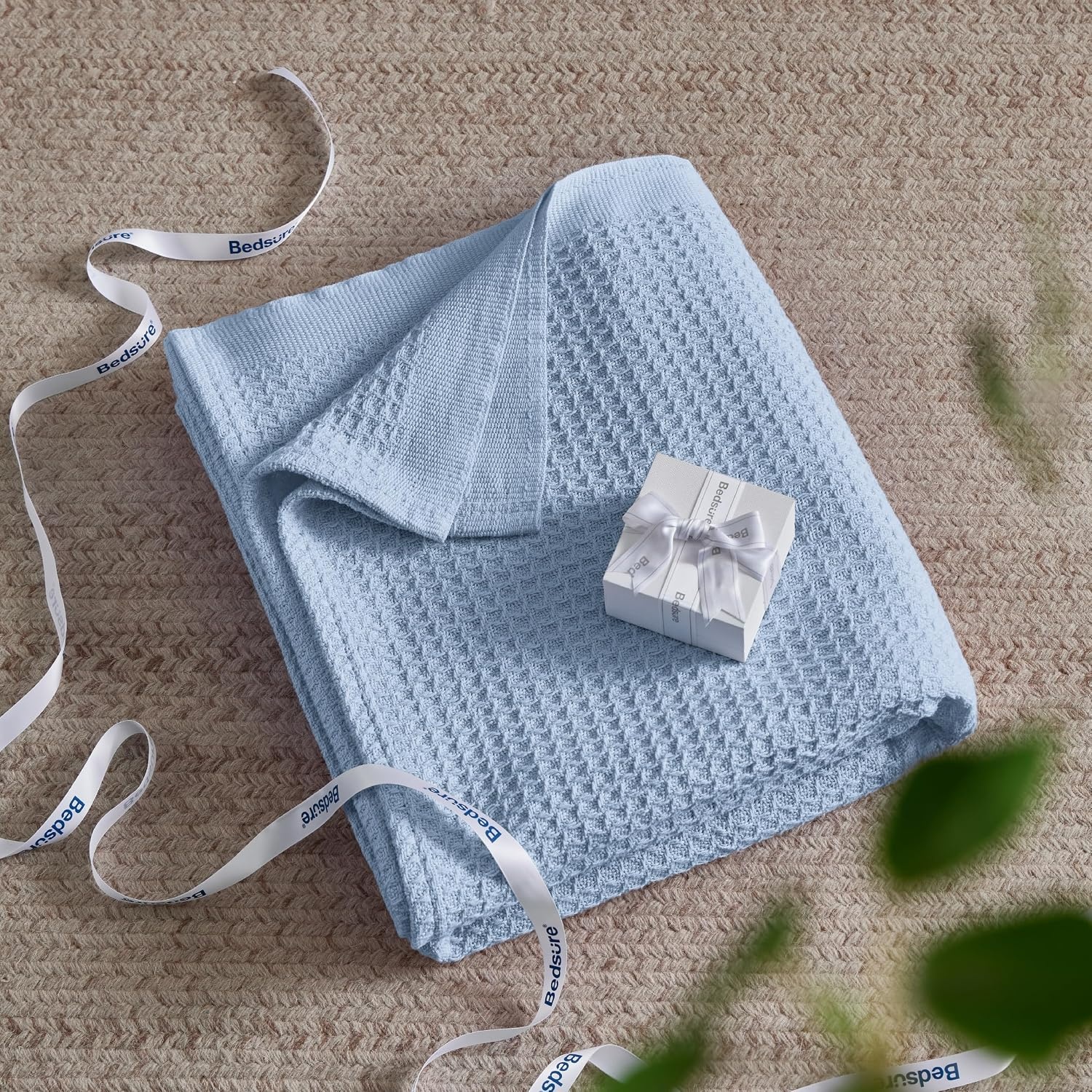 image:imageBedsure 100 Cotton Blanket Queen Size for Bed Cooling Breathable and Soft for Summer and Fall Thick Cozy Waffle Weave Blanket Gifts for Women White 90x90 Inches09 Sky Blue