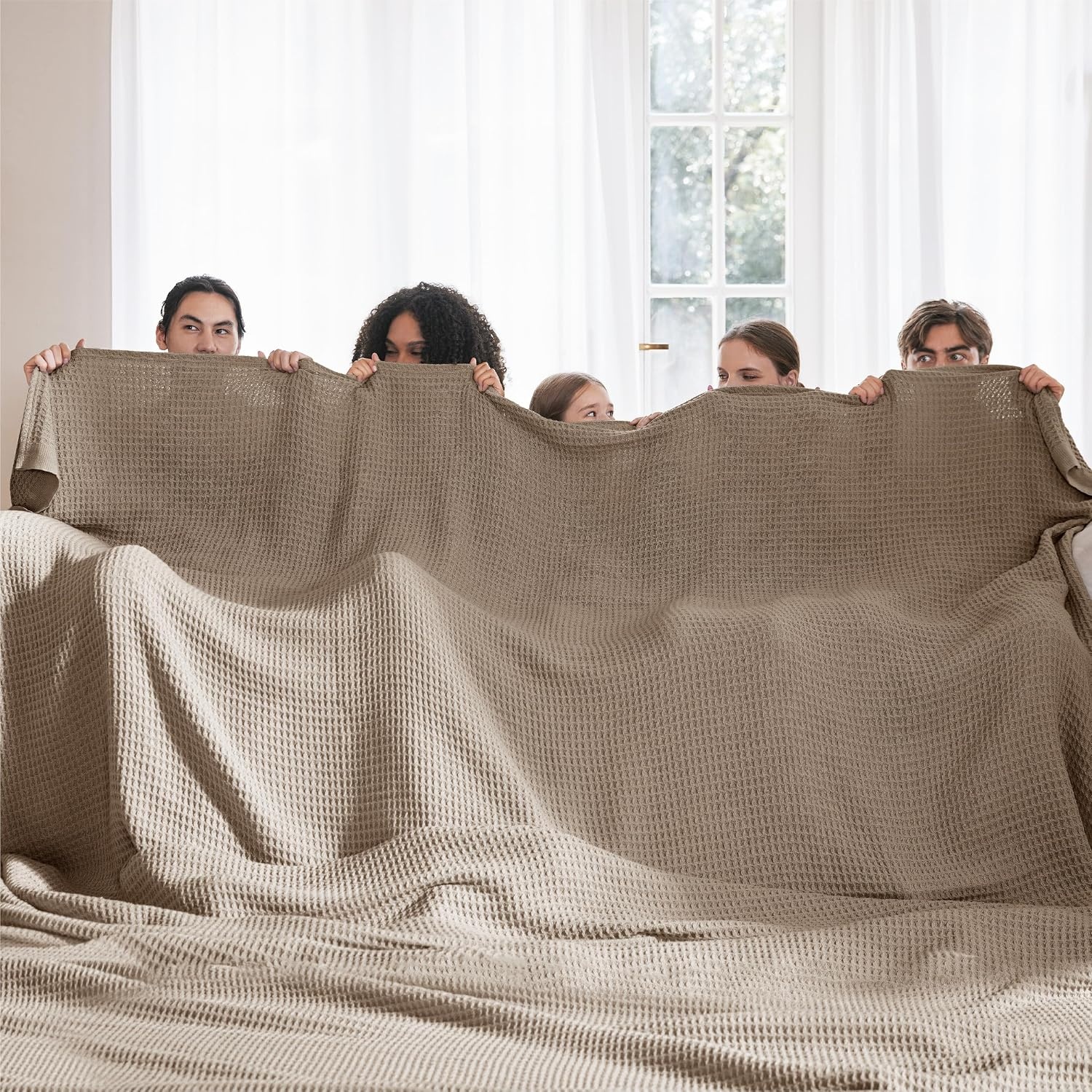 image:imageBedsure 100 Cotton Blanket Queen Size for Bed Cooling Breathable and Soft for Summer and Fall Thick Cozy Waffle Weave Blanket Gifts for Women White 90x90 Inches03 Taupe