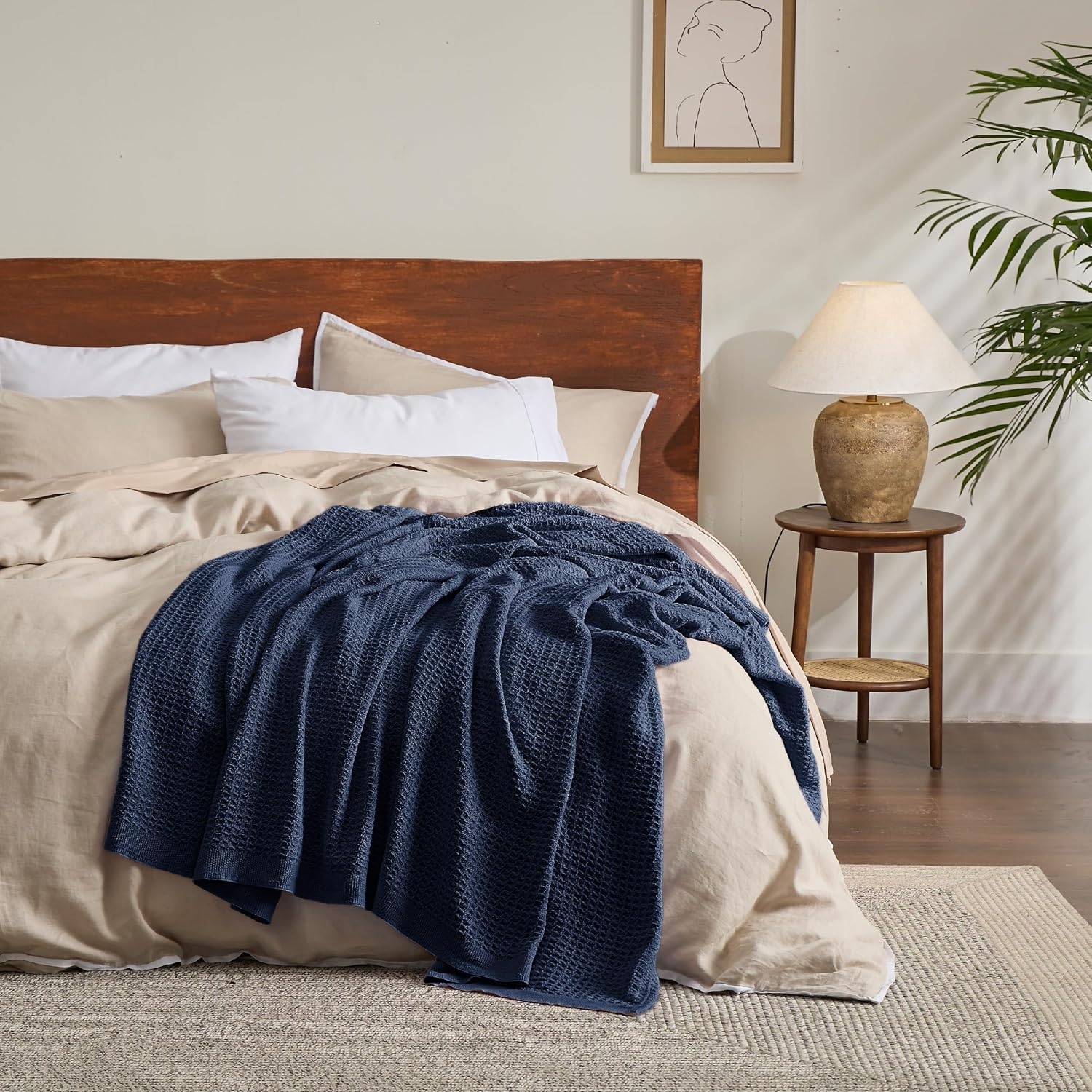 image:imageBedsure 100 Cotton Blanket Queen Size for Bed Cooling Breathable and Soft for Summer and Fall Thick Cozy Waffle Weave Blanket Gifts for Women White 90x90 Inches18 Pageant Blue