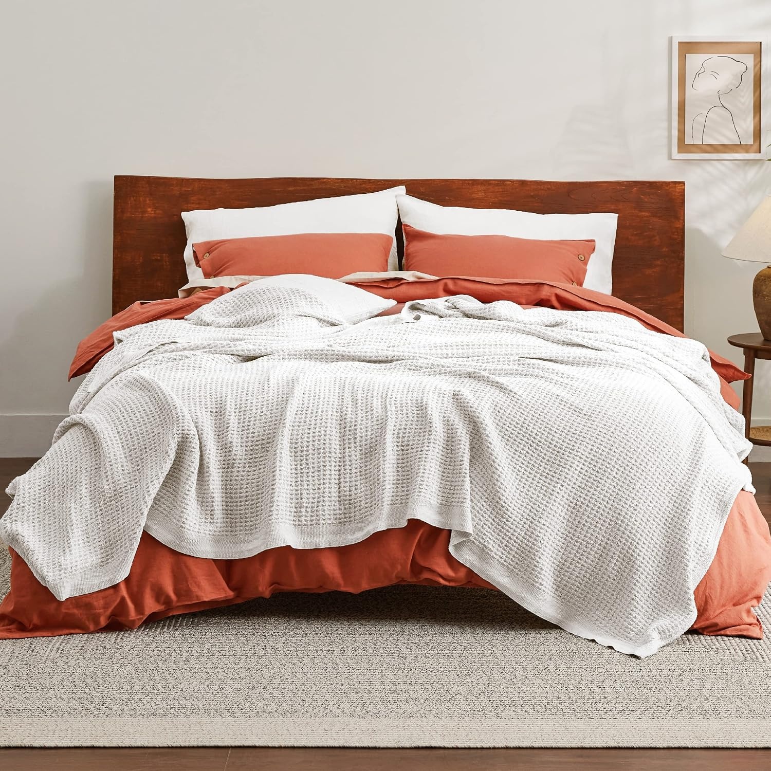 image:imageBedsure 100 Cotton Blanket Queen Size for Bed Cooling Breathable and Soft for Summer and Fall Thick Cozy Waffle Weave Blanket Gifts for Women White 90x90 Inches01 White