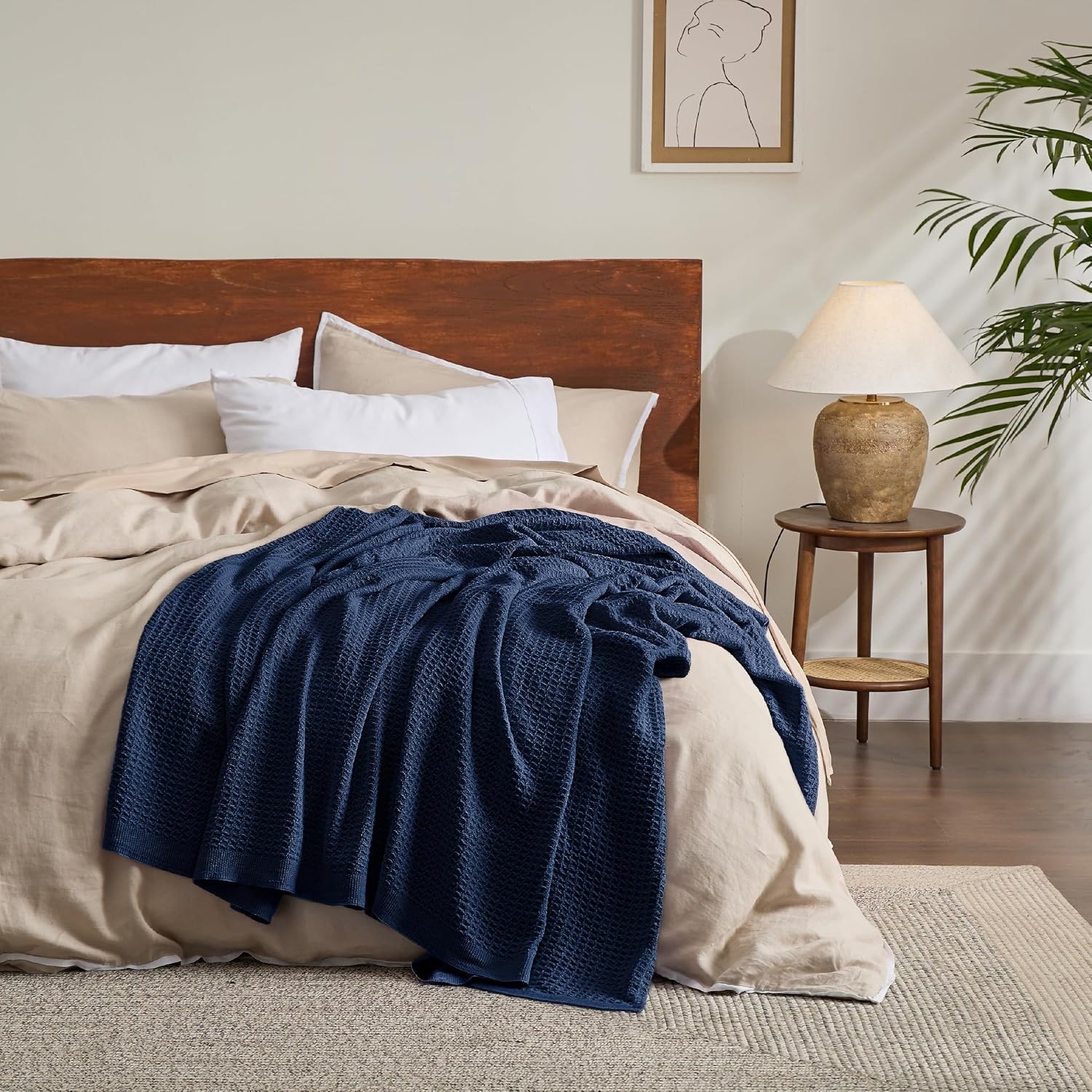 image:imageBedsure 100 Cotton Blanket Queen Size for Bed Cooling Breathable and Soft for Summer and Fall Thick Cozy Waffle Weave Blanket Gifts for Women White 90x90 Inches18 Pageant Blue