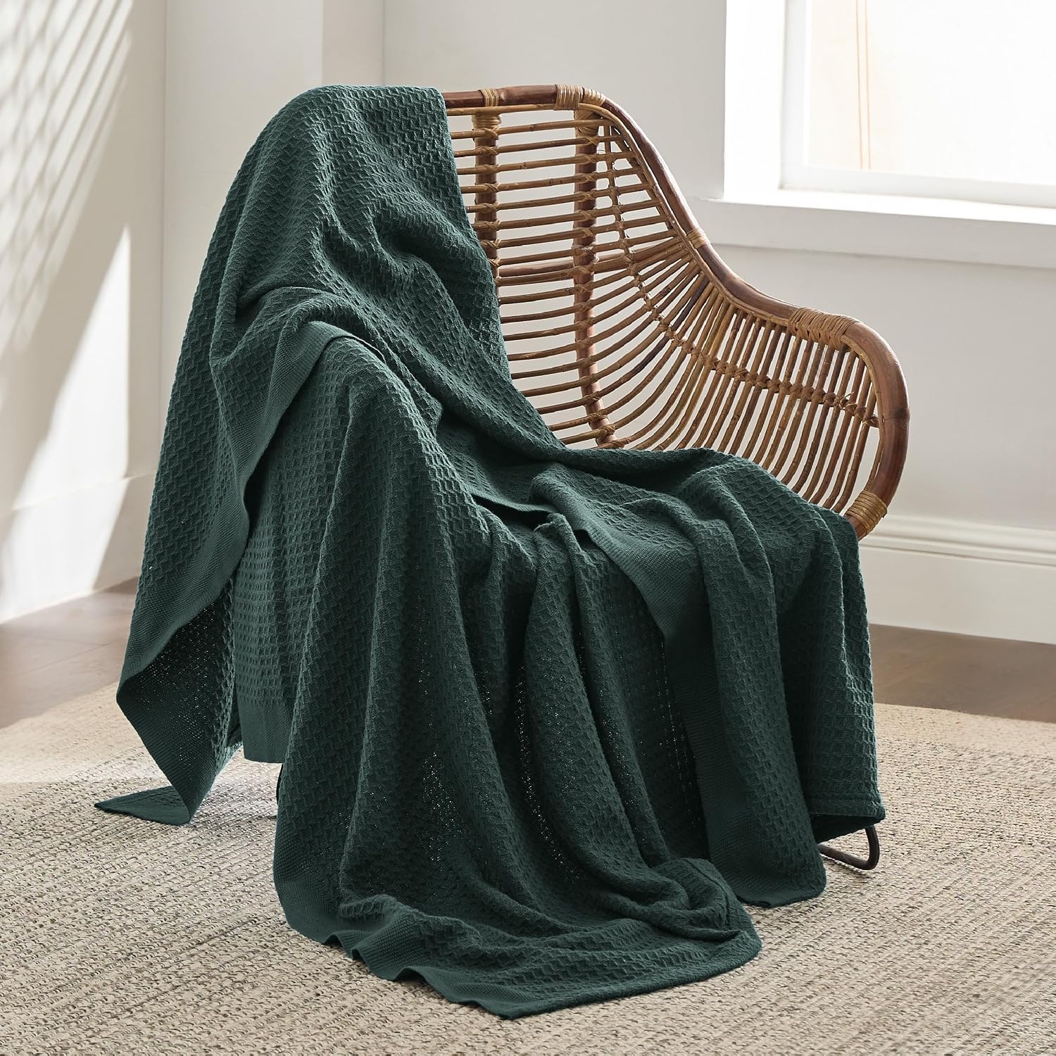 image:imageBedsure 100 Cotton Blanket Queen Size for Bed Cooling Breathable and Soft for Summer and Fall Thick Cozy Waffle Weave Blanket Gifts for Women White 90x90 Inches13 Dark Green