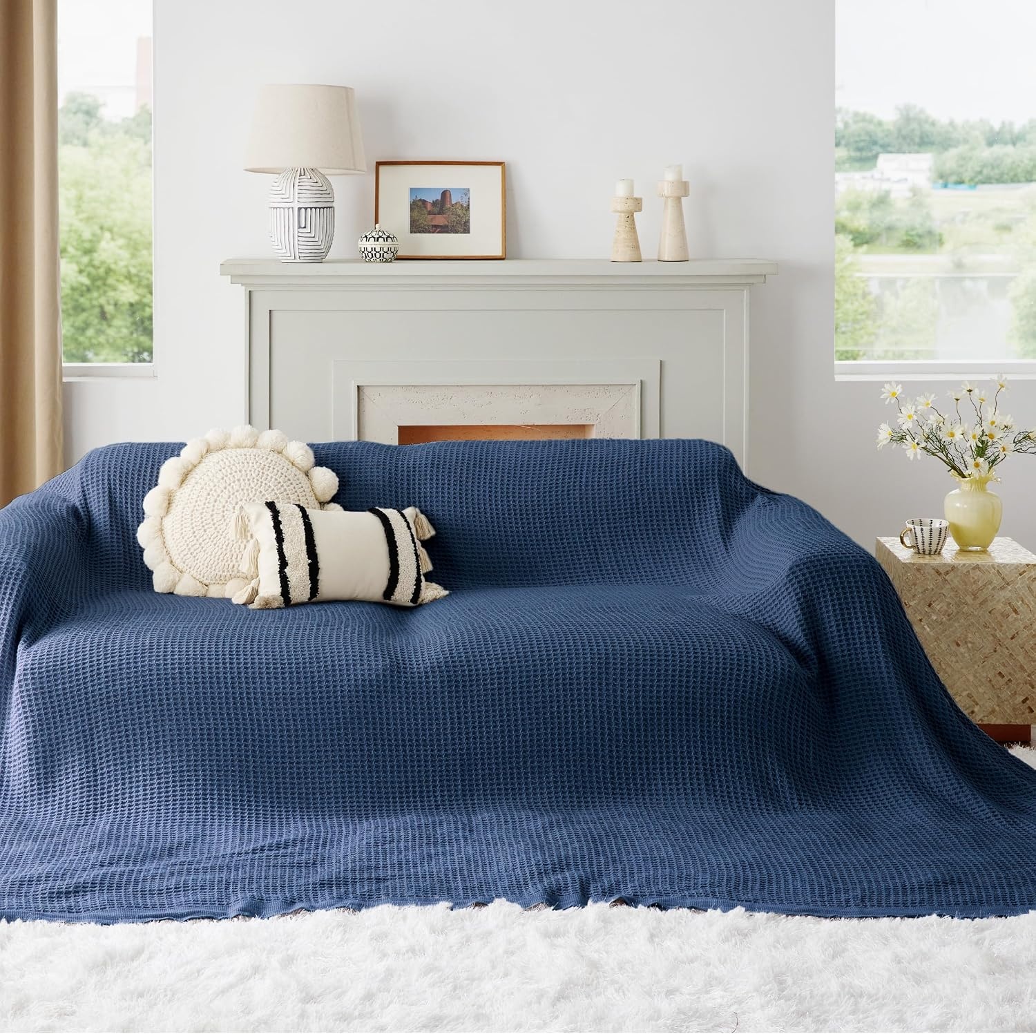 image:imageBedsure 100 Cotton Blanket Queen Size for Bed Cooling Breathable and Soft for Summer and Fall Thick Cozy Waffle Weave Blanket Gifts for Women White 90x90 Inches10 Navy
