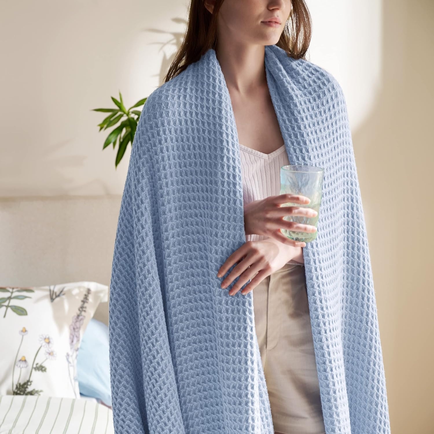 image:imageBedsure 100 Cotton Blanket Queen Size for Bed Cooling Breathable and Soft for Summer and Fall Thick Cozy Waffle Weave Blanket Gifts for Women White 90x90 Inches09 Sky Blue