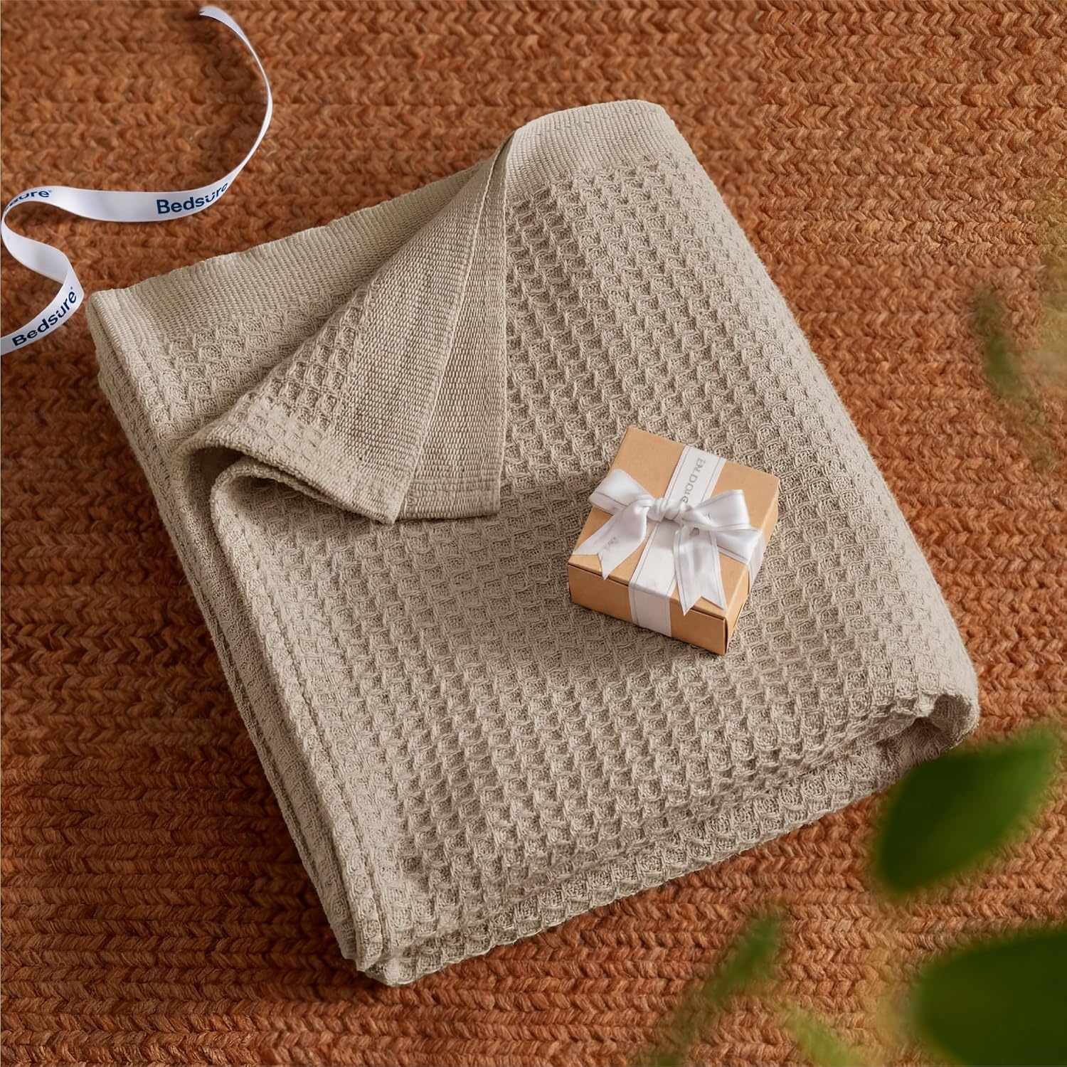 image:imageBedsure 100 Cotton Blanket Queen Size for Bed Cooling Breathable and Soft for Summer and Fall Thick Cozy Waffle Weave Blanket Gifts for Women White 90x90 Inches03 Taupe