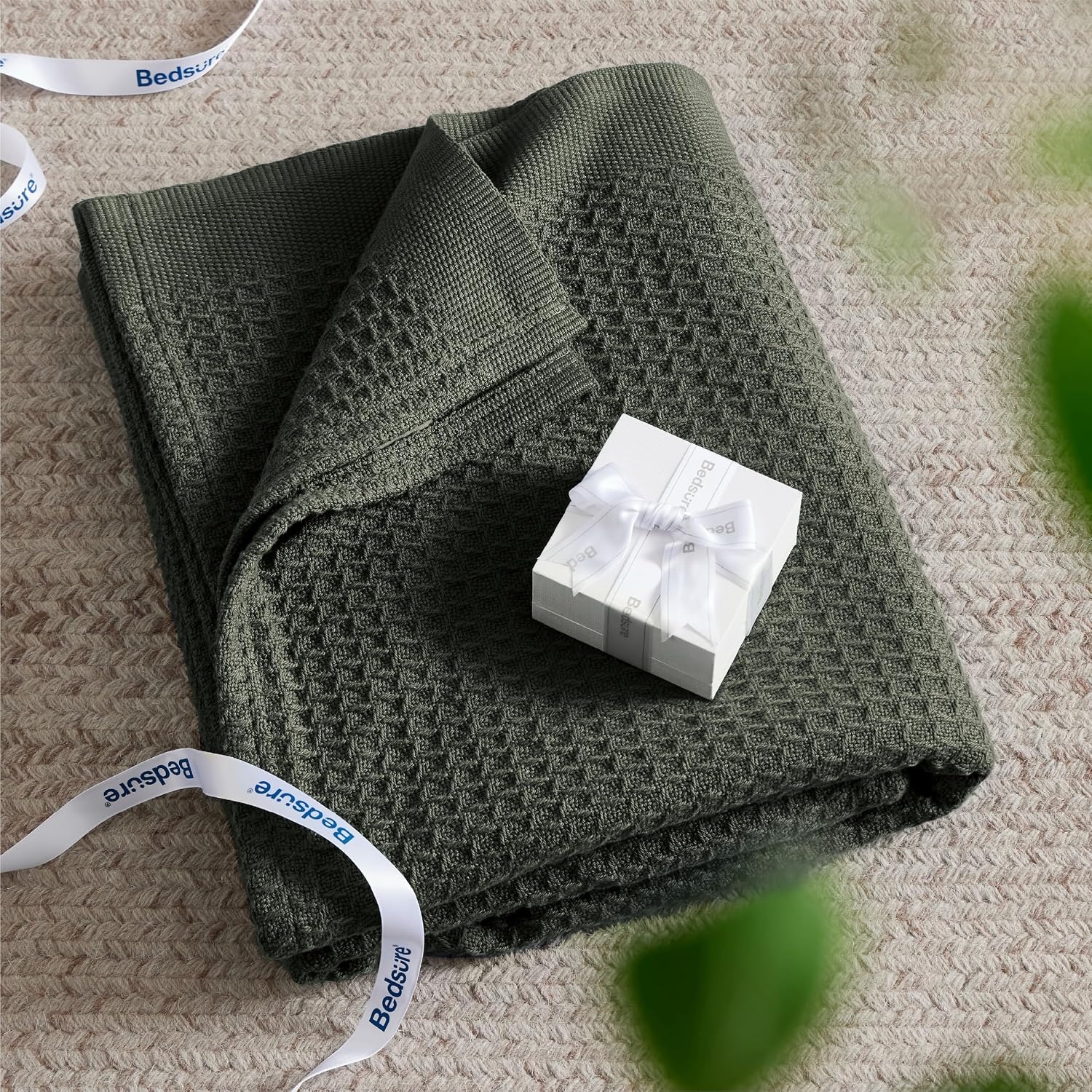 image:imageBedsure 100 Cotton Blanket Queen Size for Bed Cooling Breathable and Soft for Summer and Fall Thick Cozy Waffle Weave Blanket Gifts for Women White 90x90 Inches05 Olive Green