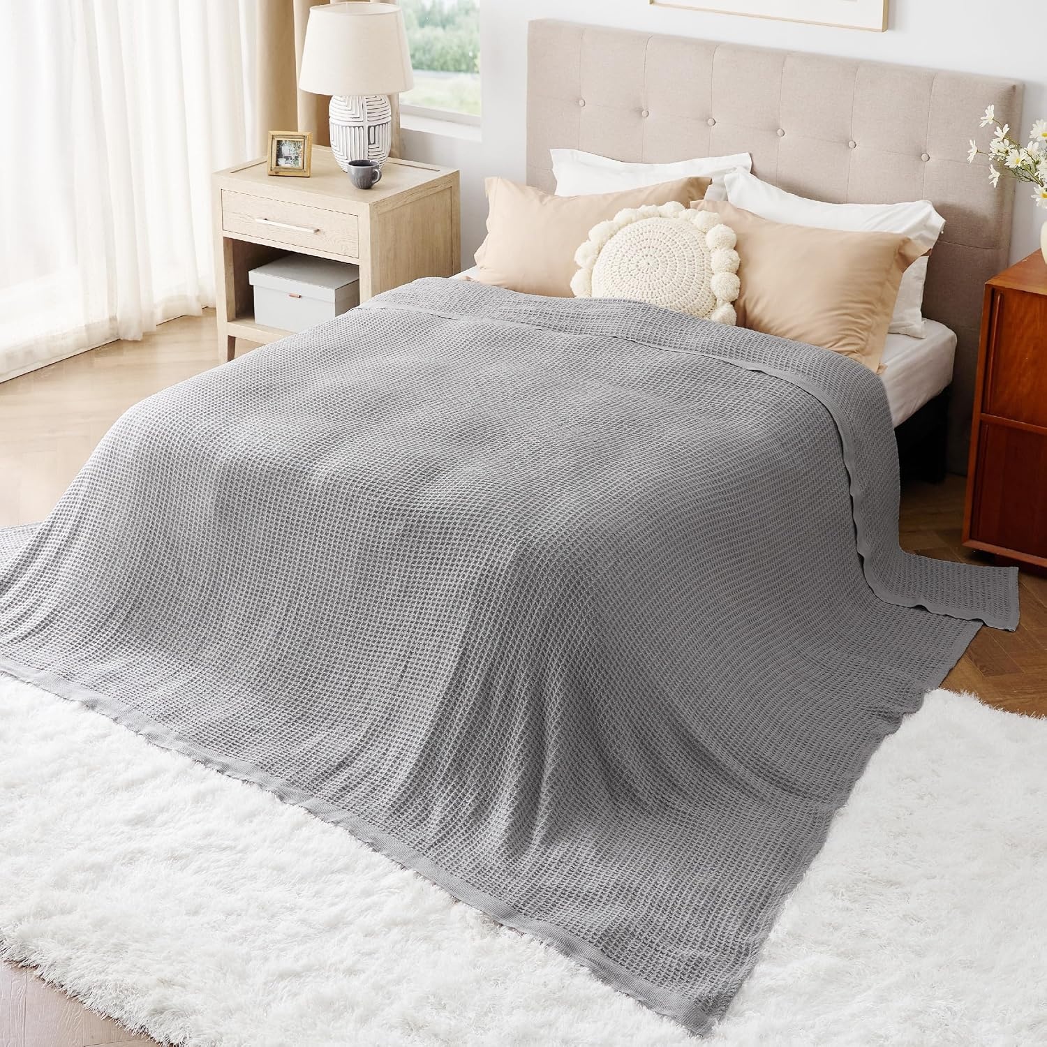image:imageBedsure 100 Cotton Blanket Queen Size for Bed Cooling Breathable and Soft for Summer and Fall Thick Cozy Waffle Weave Blanket Gifts for Women White 90x90 Inches08 Grey