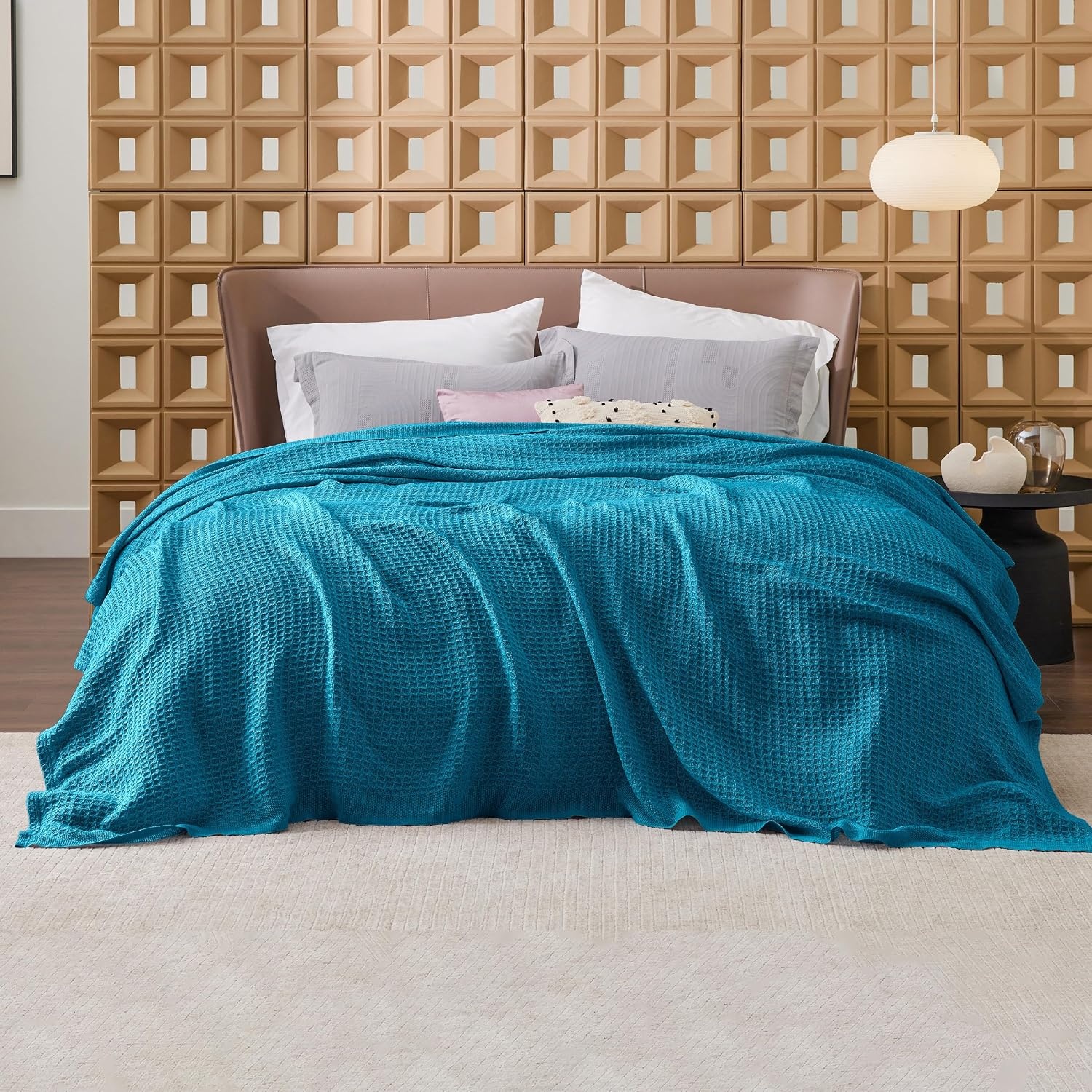 image:imageBedsure 100 Cotton Blanket Queen Size for Bed Cooling Breathable and Soft for Summer and Fall Thick Cozy Waffle Weave Blanket Gifts for Women White 90x90 Inches19 Teal Blue