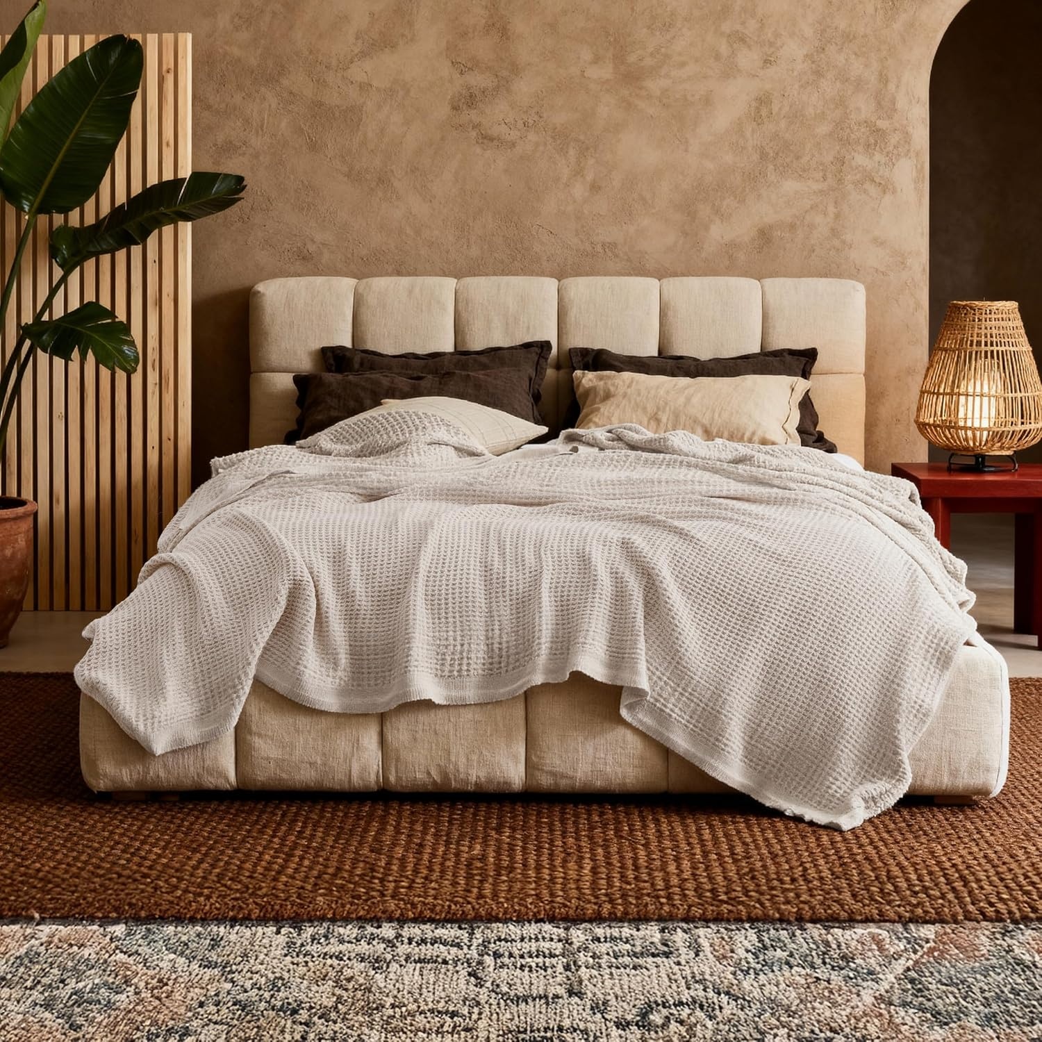 image:imageBedsure 100 Cotton Blanket Queen Size for Bed Cooling Breathable and Soft for Summer and Fall Thick Cozy Waffle Weave Blanket Gifts for Women White 90x90 Inches02 Beige