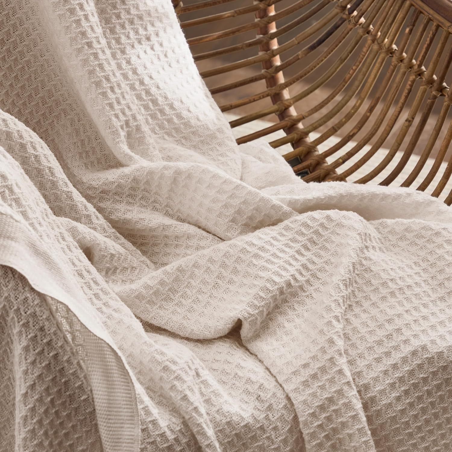 image:imageBedsure 100 Cotton Blanket Queen Size for Bed Cooling Breathable and Soft for Summer and Fall Thick Cozy Waffle Weave Blanket Gifts for Women White 90x90 Inches02 Beige