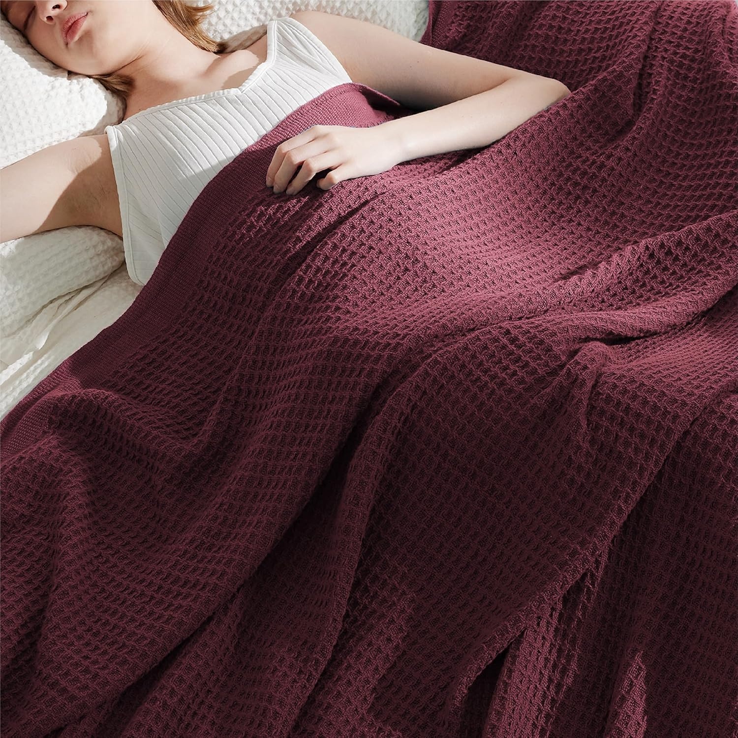 image:imageBedsure 100 Cotton Blanket Queen Size for Bed Cooling Breathable and Soft for Summer and Fall Thick Cozy Waffle Weave Blanket Gifts for Women White 90x90 Inches16 Burgundy