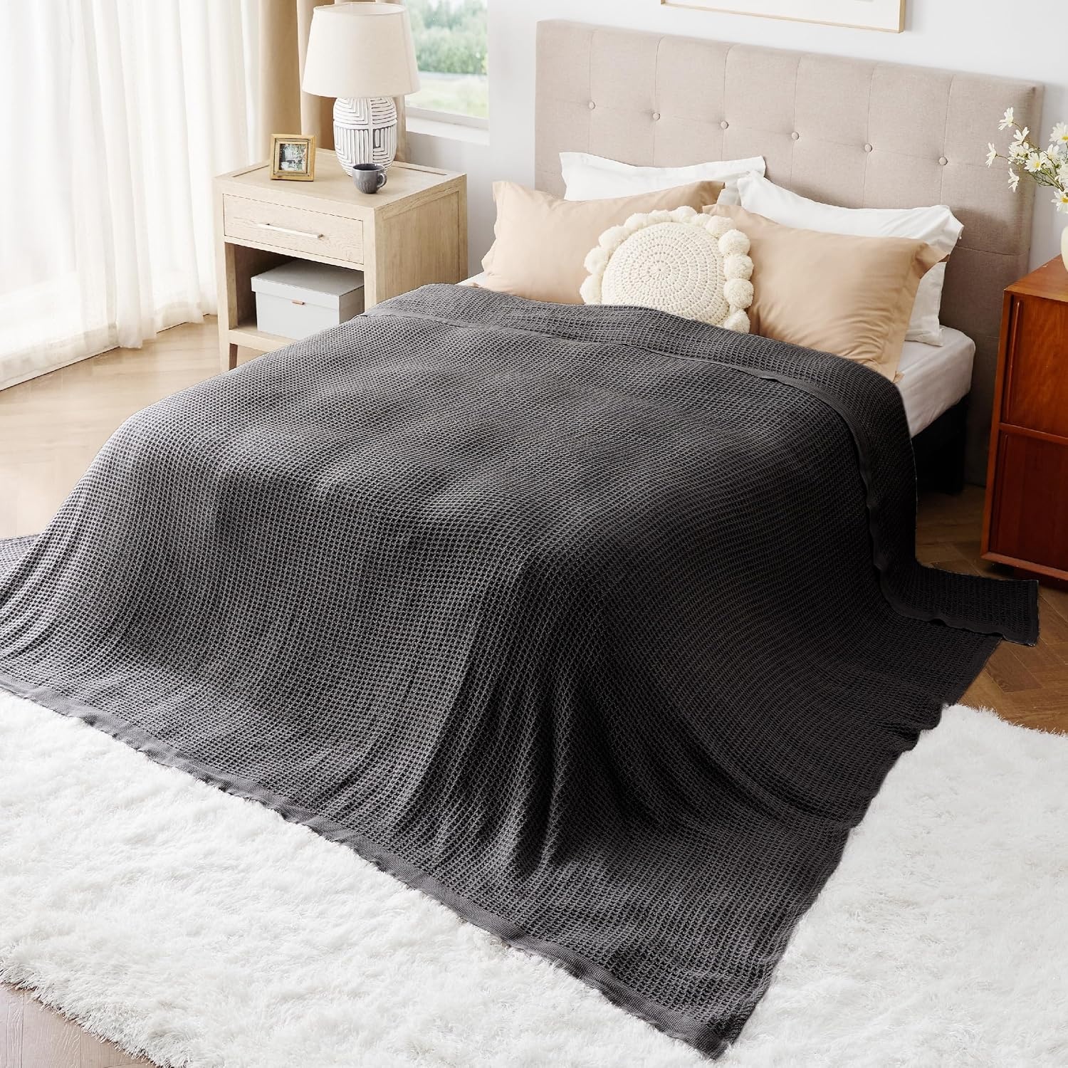 image:imageBedsure 100 Cotton Blanket Queen Size for Bed Cooling Breathable and Soft for Summer and Fall Thick Cozy Waffle Weave Blanket Gifts for Women White 90x90 Inches12 Dark Grey