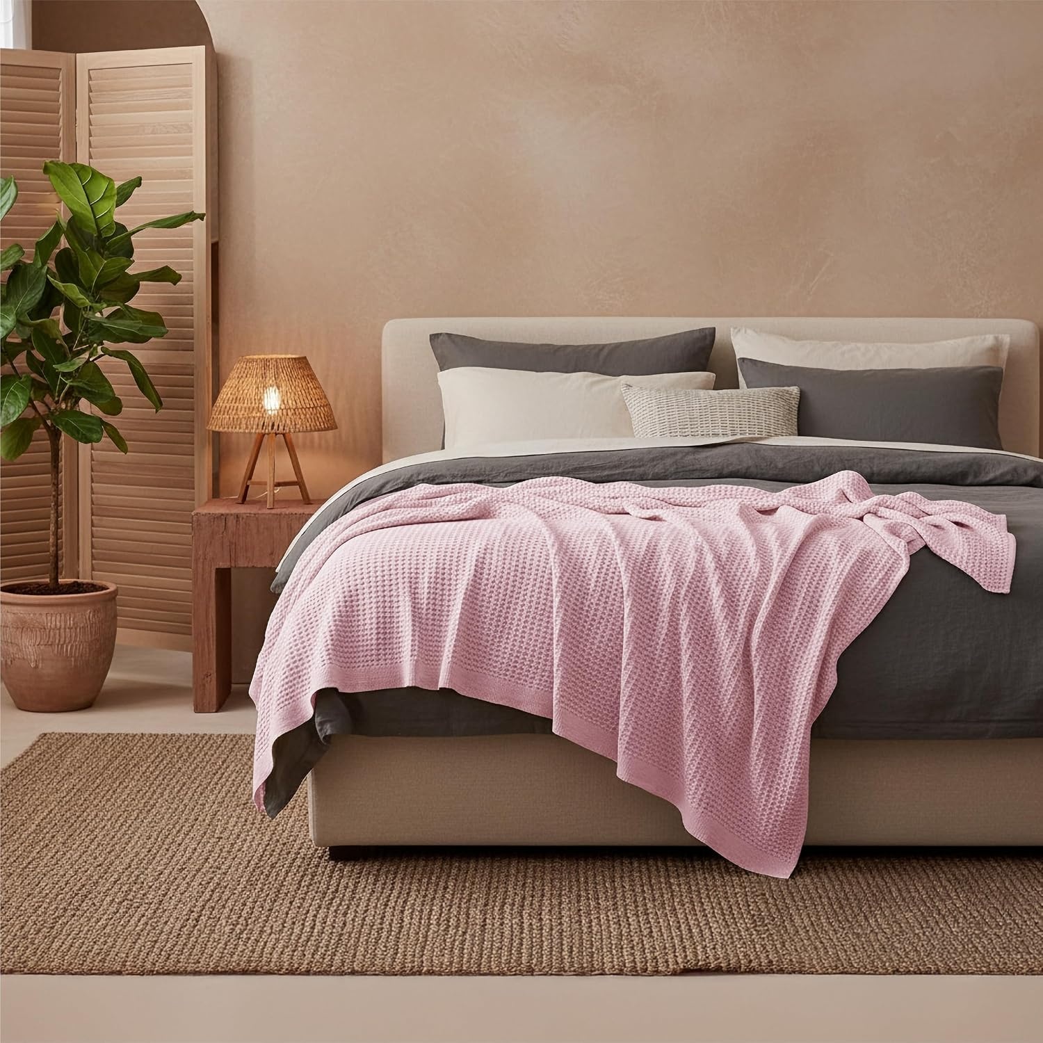 image:imageBedsure 100 Cotton Blanket Queen Size for Bed Cooling Breathable and Soft for Summer and Fall Thick Cozy Waffle Weave Blanket Gifts for Women White 90x90 Inches06 Pink