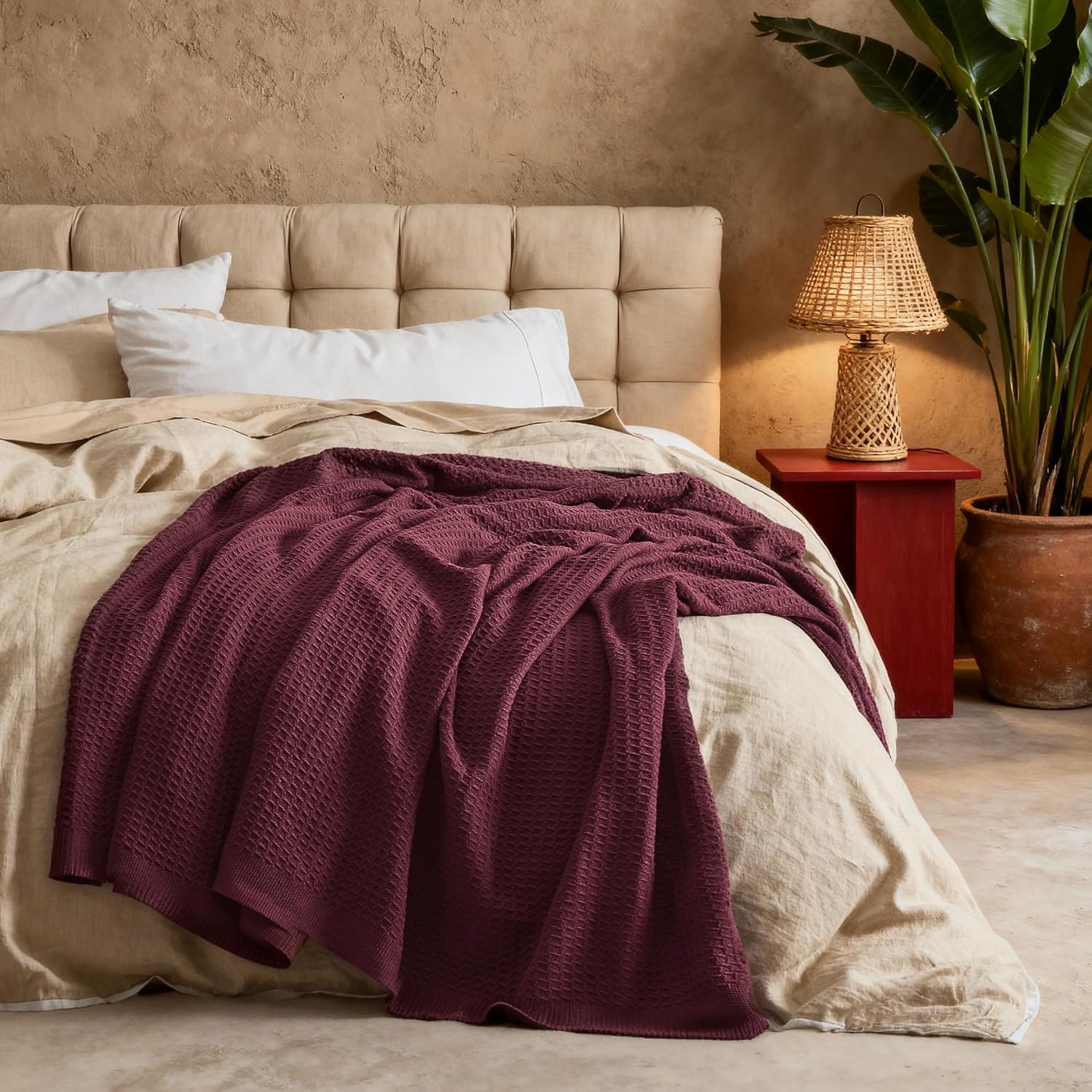 image:imageBedsure 100 Cotton Blanket Queen Size for Bed Cooling Breathable and Soft for Summer and Fall Thick Cozy Waffle Weave Blanket Gifts for Women White 90x90 Inches16 Burgundy