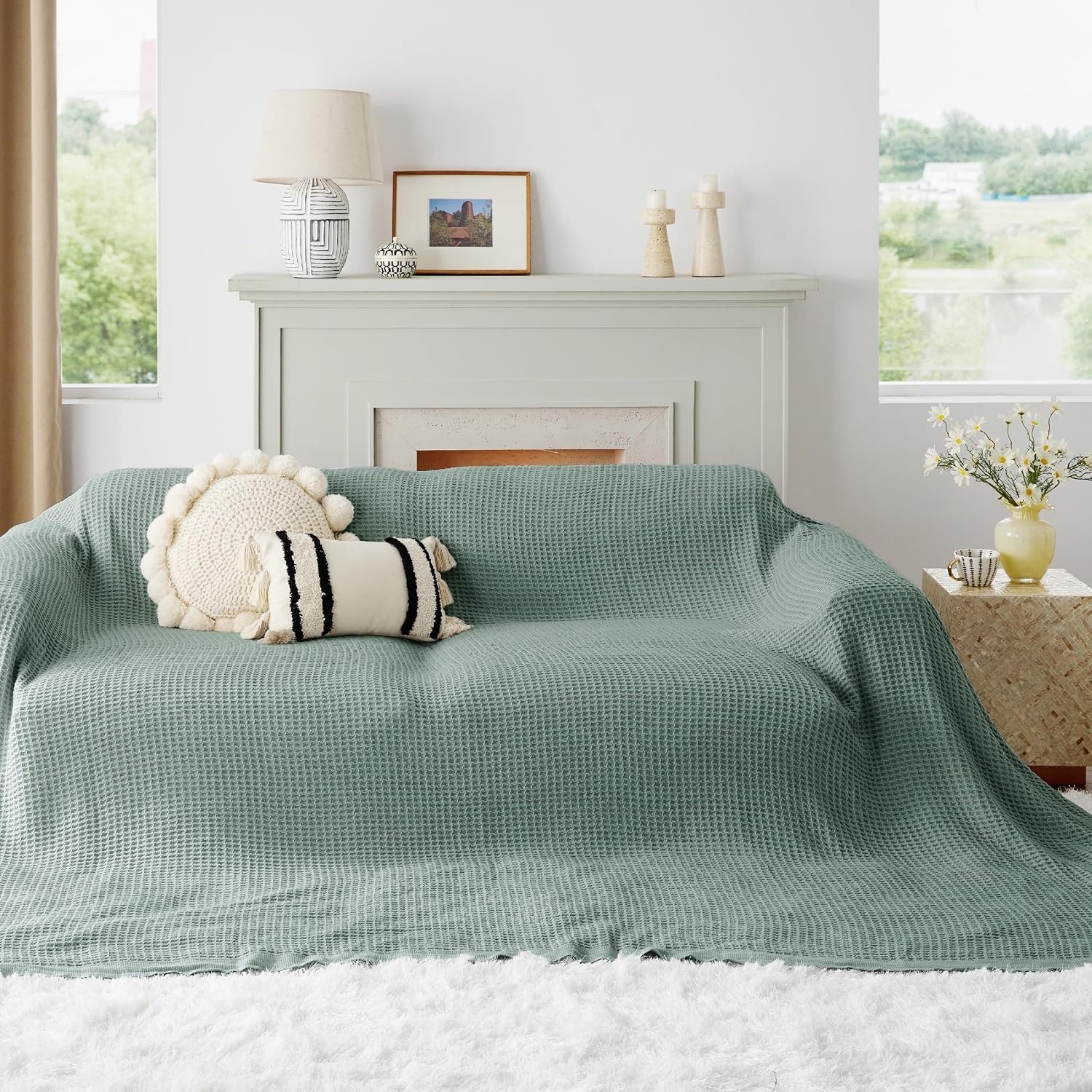 image:imageBedsure 100 Cotton Blanket Queen Size for Bed Cooling Breathable and Soft for Summer and Fall Thick Cozy Waffle Weave Blanket Gifts for Women White 90x90 Inches04 Sage Green