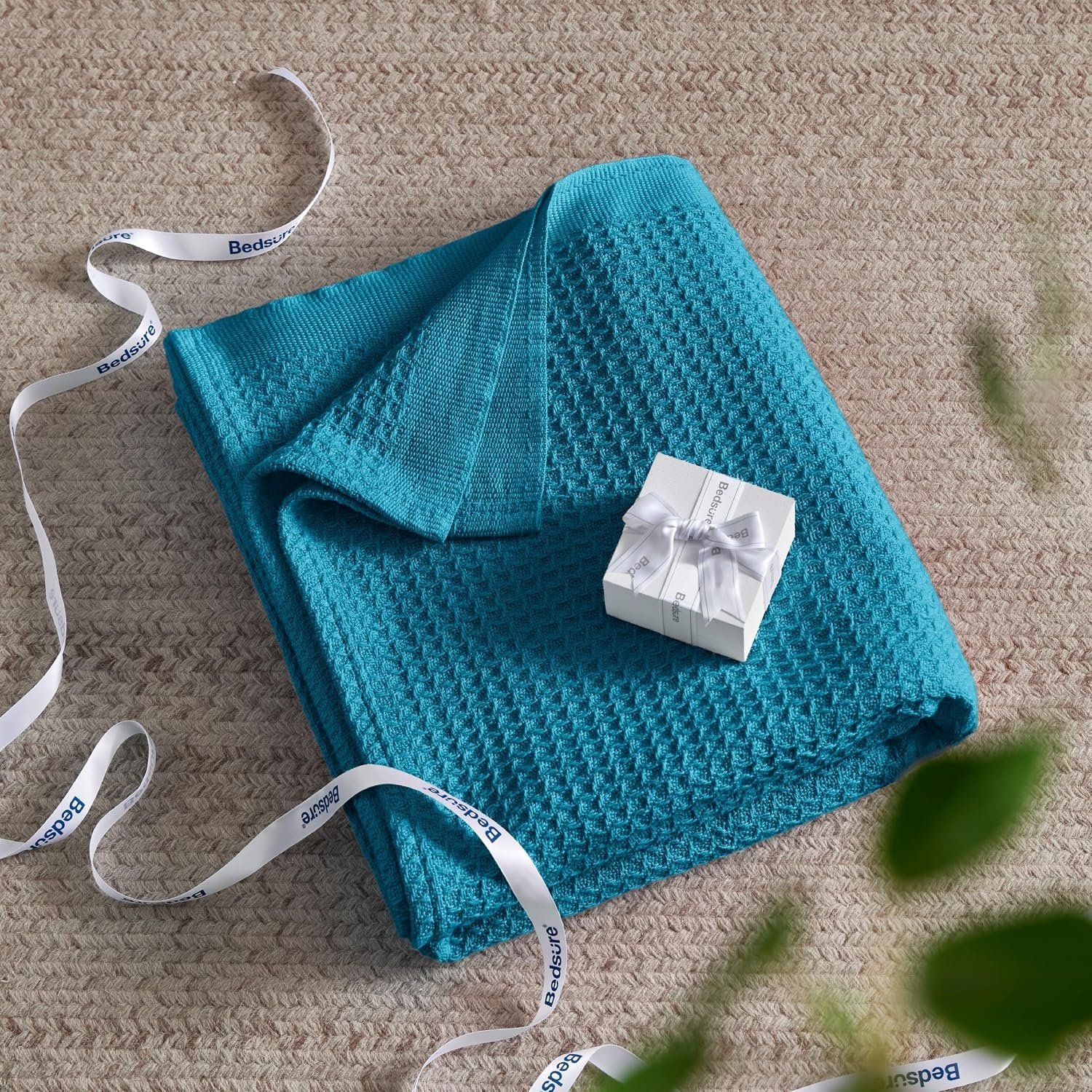 image:imageBedsure 100 Cotton Blanket Queen Size for Bed Cooling Breathable and Soft for Summer and Fall Thick Cozy Waffle Weave Blanket Gifts for Women White 90x90 Inches19 Teal Blue