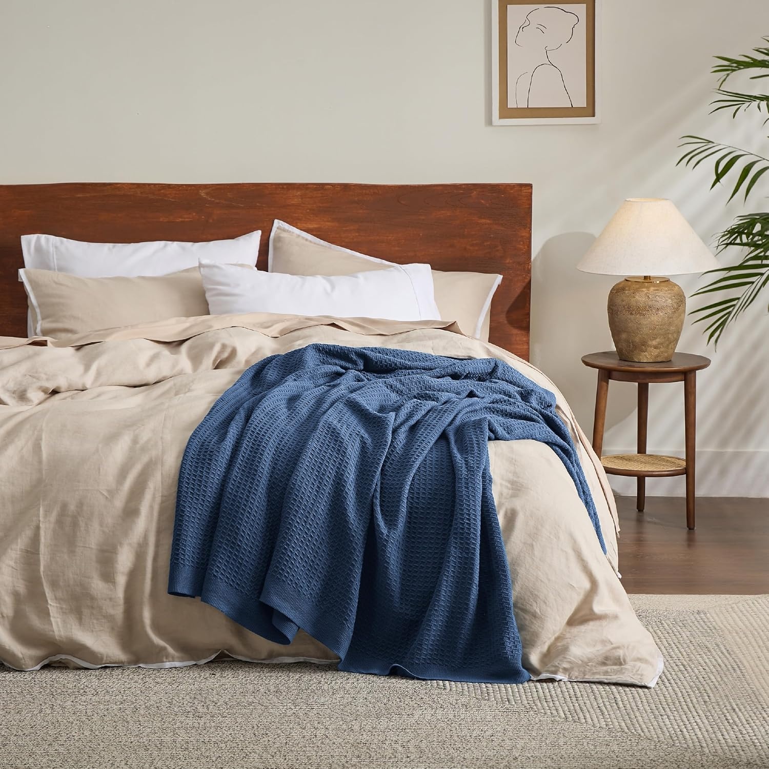 image:imageBedsure 100 Cotton Blanket Queen Size for Bed Cooling Breathable and Soft for Summer and Fall Thick Cozy Waffle Weave Blanket Gifts for Women White 90x90 Inches10 Navy