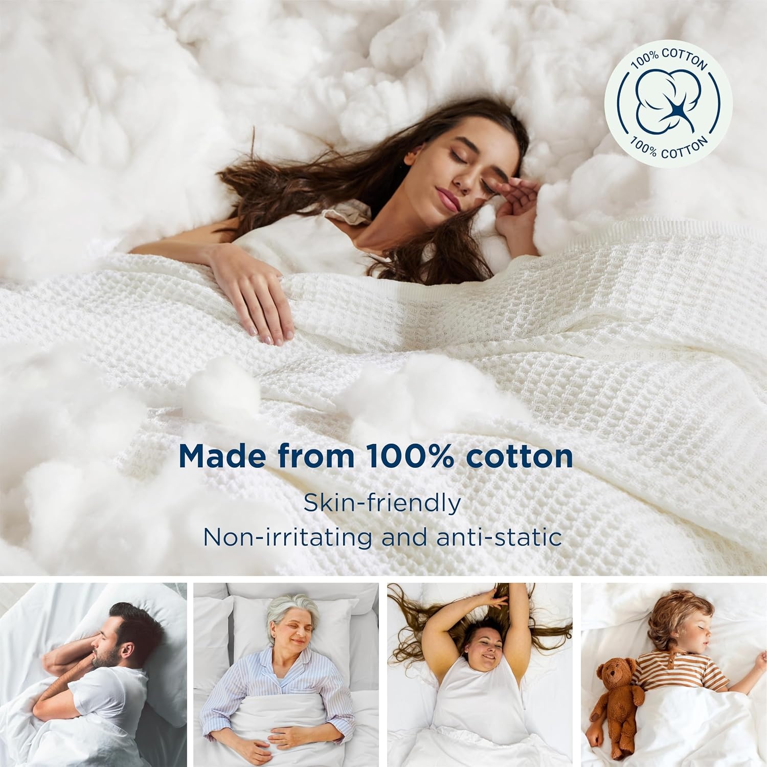 image:imageBedsure 100 Cotton Blanket Queen Size for Bed Cooling Breathable and Soft for Summer and Fall Thick Cozy Waffle Weave Blanket Gifts for Women White 90x90 Inches01 White