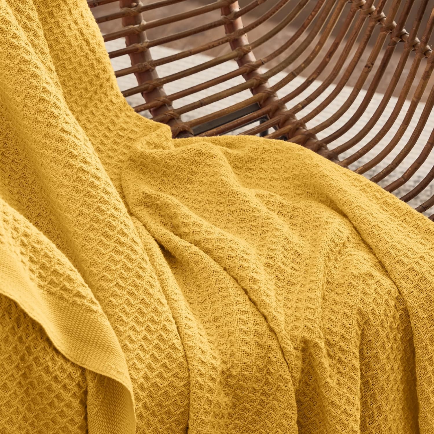 image:imageBedsure 100 Cotton Blanket Queen Size for Bed Cooling Breathable and Soft for Summer and Fall Thick Cozy Waffle Weave Blanket Gifts for Women White 90x90 Inches15 Mustard Yellow