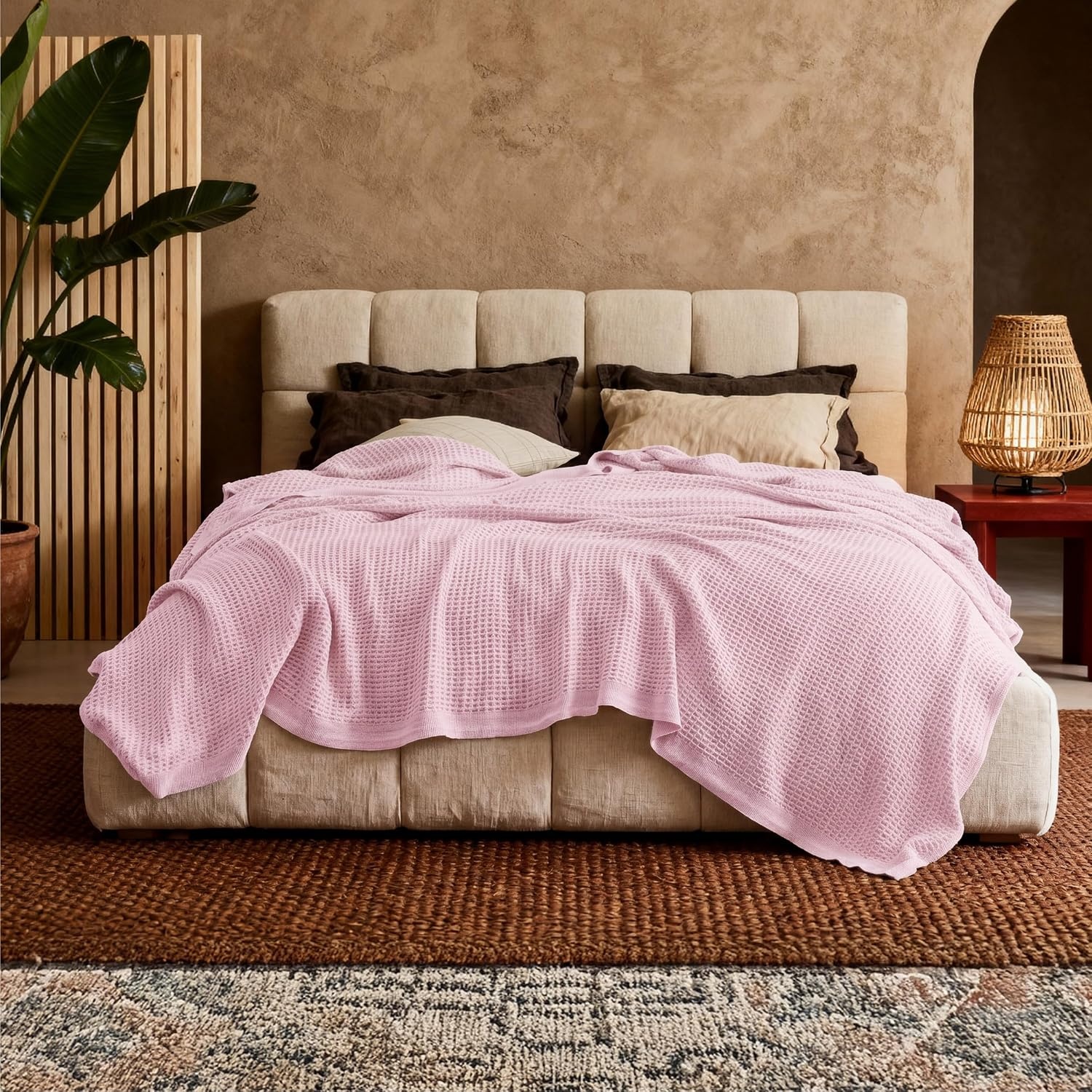 image:imageBedsure 100 Cotton Blanket Queen Size for Bed Cooling Breathable and Soft for Summer and Fall Thick Cozy Waffle Weave Blanket Gifts for Women White 90x90 Inches06 Pink