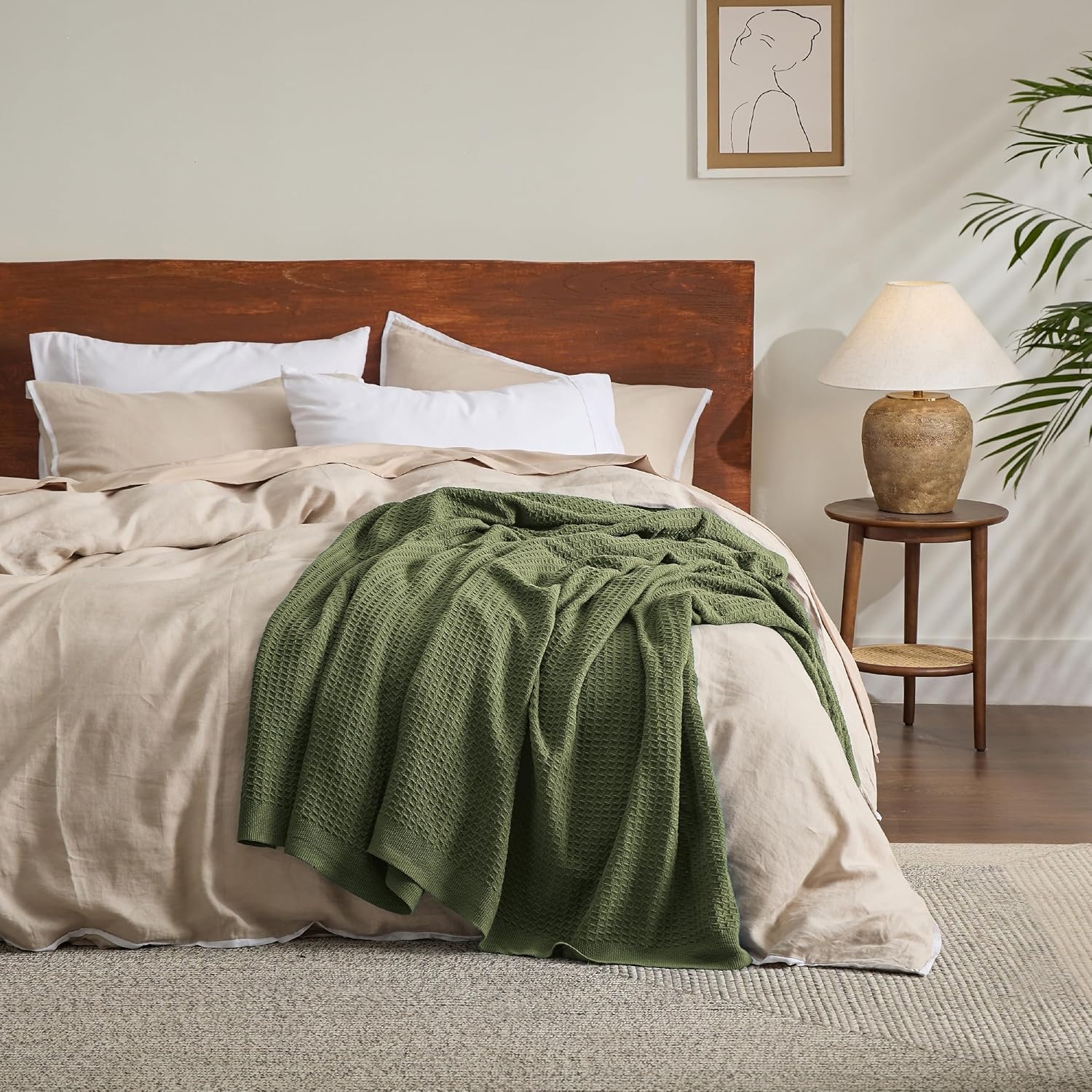 image:imageBedsure 100 Cotton Blanket Queen Size for Bed Cooling Breathable and Soft for Summer and Fall Thick Cozy Waffle Weave Blanket Gifts for Women White 90x90 Inches11 Moss Green