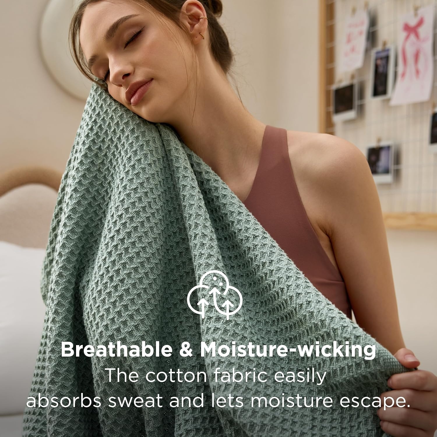image:imageBedsure 100 Cotton Blanket Queen Size for Bed Cooling Breathable and Soft for Summer and Fall Thick Cozy Waffle Weave Blanket Gifts for Women White 90x90 Inches04 Sage Green