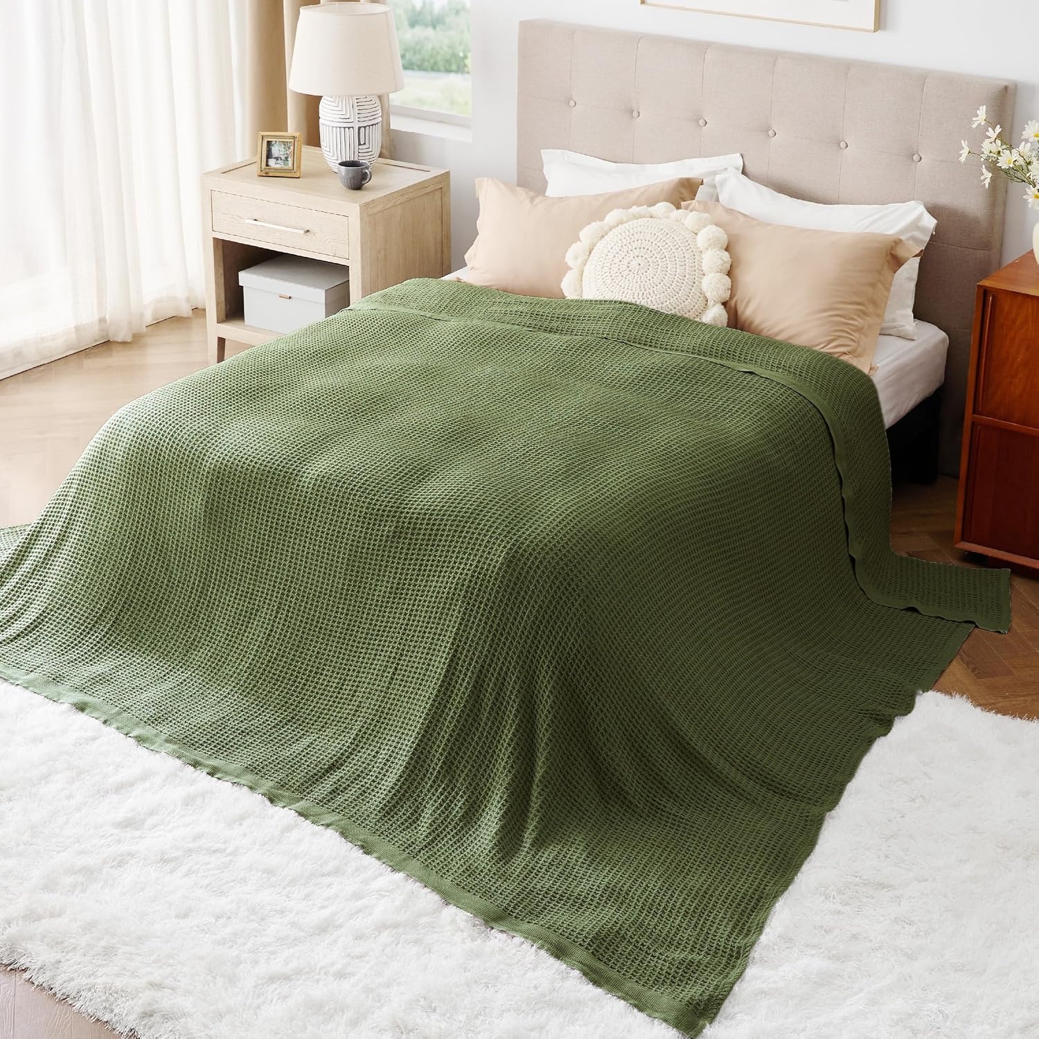 image:imageBedsure 100 Cotton Blanket Queen Size for Bed Cooling Breathable and Soft for Summer and Fall Thick Cozy Waffle Weave Blanket Gifts for Women White 90x90 Inches11 Moss Green