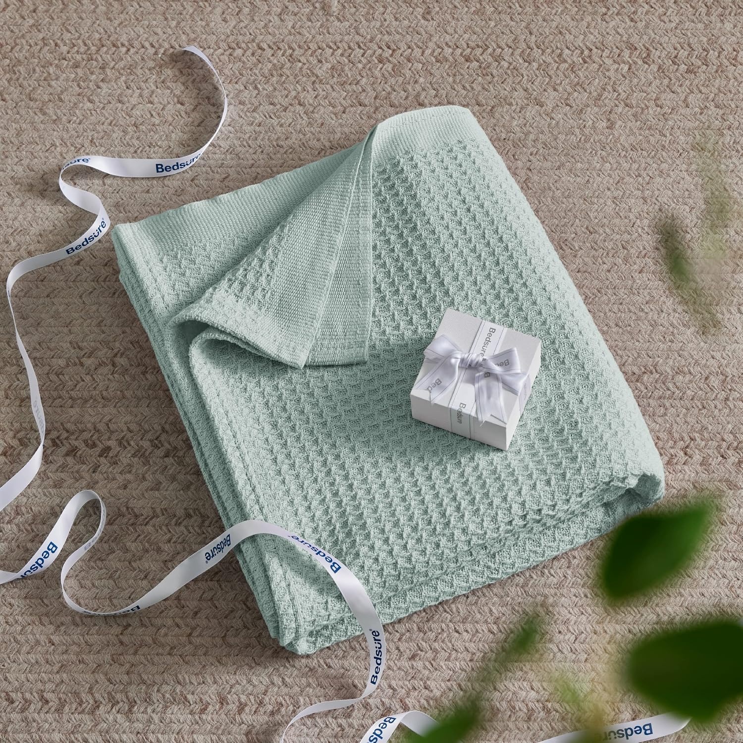image:imageBedsure 100 Cotton Blanket Queen Size for Bed Cooling Breathable and Soft for Summer and Fall Thick Cozy Waffle Weave Blanket Gifts for Women White 90x90 Inches14 Mint