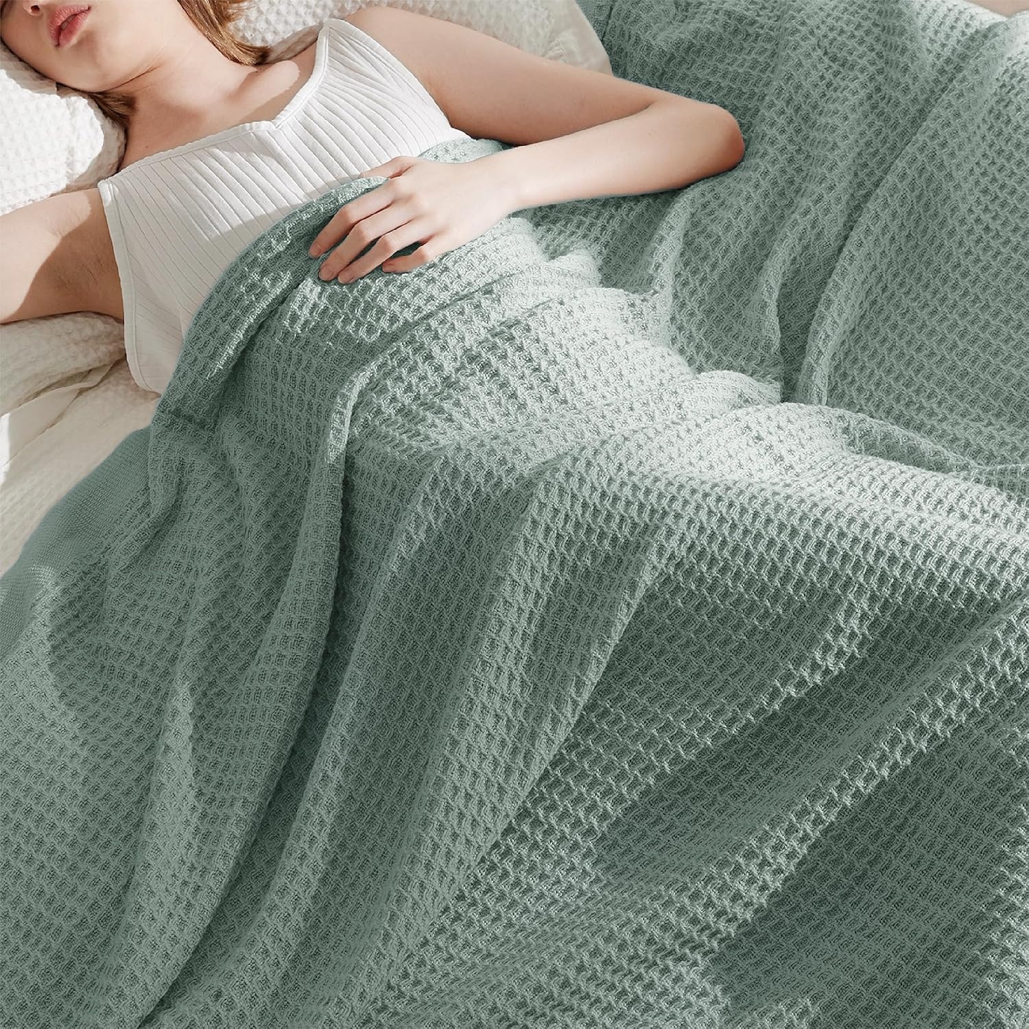 image:imageBedsure 100 Cotton Blanket Queen Size for Bed Cooling Breathable and Soft for Summer and Fall Thick Cozy Waffle Weave Blanket Gifts for Women White 90x90 Inches04 Sage Green