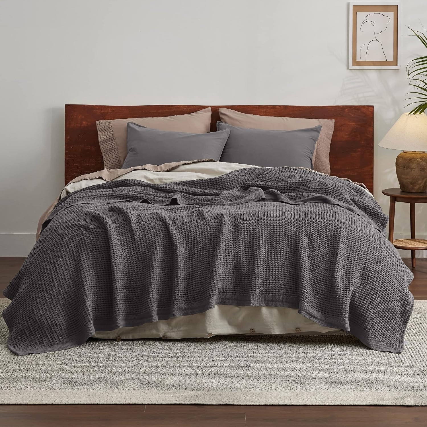 image:imageBedsure 100 Cotton Blanket Queen Size for Bed Cooling Breathable and Soft for Summer and Fall Thick Cozy Waffle Weave Blanket Gifts for Women White 90x90 Inches12 Dark Grey