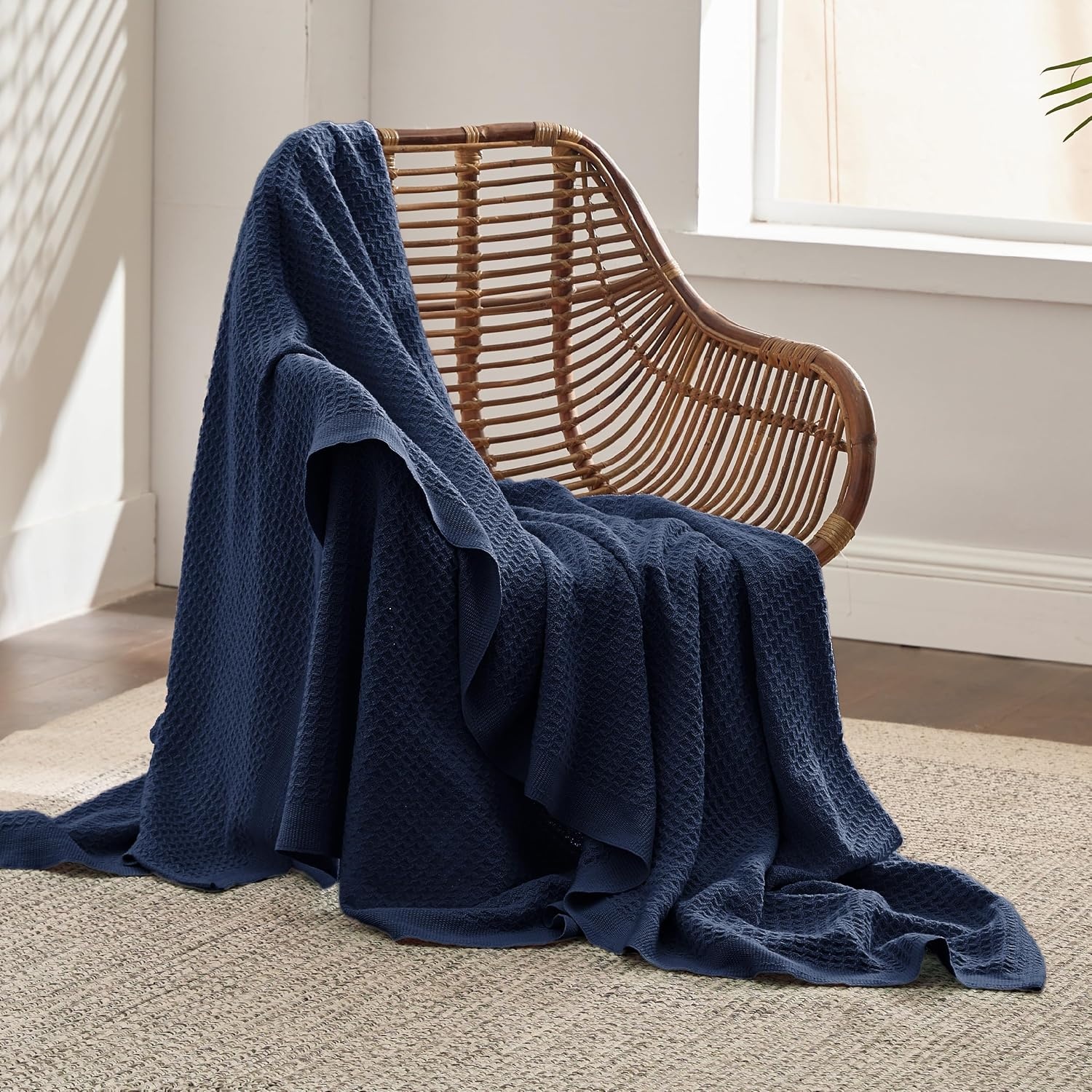 image:imageBedsure 100 Cotton Blanket Queen Size for Bed Cooling Breathable and Soft for Summer and Fall Thick Cozy Waffle Weave Blanket Gifts for Women White 90x90 Inches18 Pageant Blue