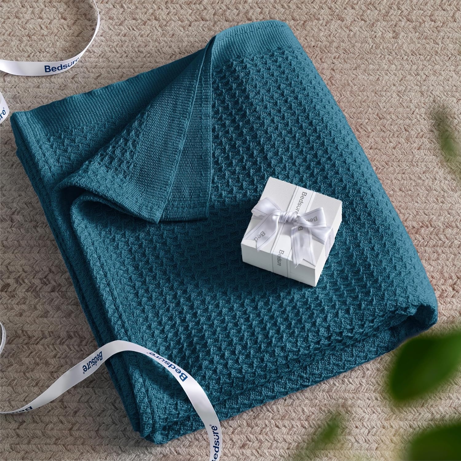 image:imageBedsure 100 Cotton Blanket Queen Size for Bed Cooling Breathable and Soft for Summer and Fall Thick Cozy Waffle Weave Blanket Gifts for Women White 90x90 Inches07 Teal