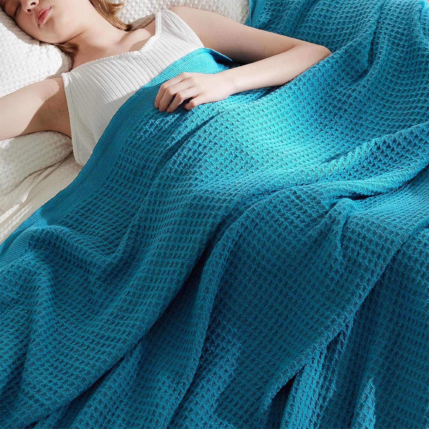 image:imageBedsure 100 Cotton Blanket Queen Size for Bed Cooling Breathable and Soft for Summer and Fall Thick Cozy Waffle Weave Blanket Gifts for Women White 90x90 Inches19 Teal Blue