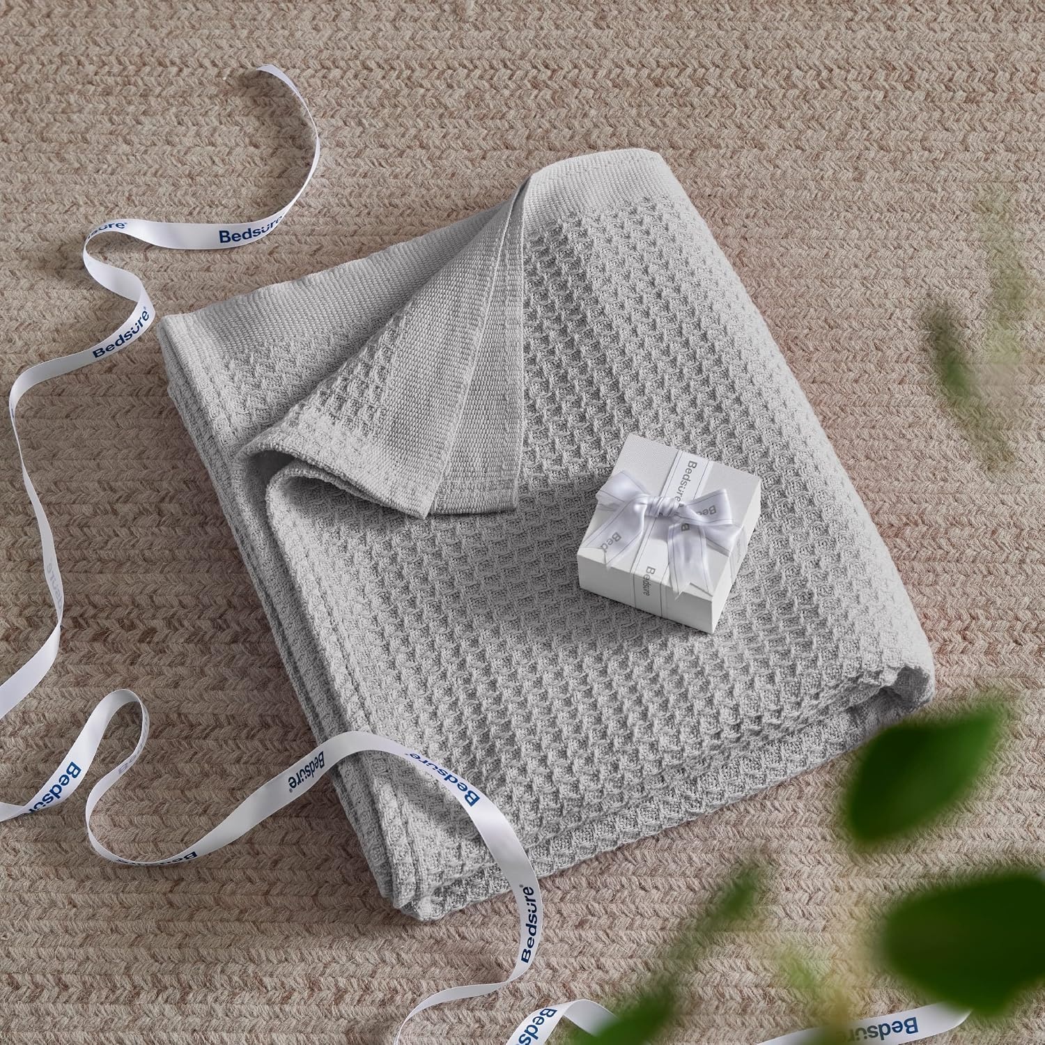 image:imageBedsure 100 Cotton Blanket Queen Size for Bed Cooling Breathable and Soft for Summer and Fall Thick Cozy Waffle Weave Blanket Gifts for Women White 90x90 Inches08 Grey