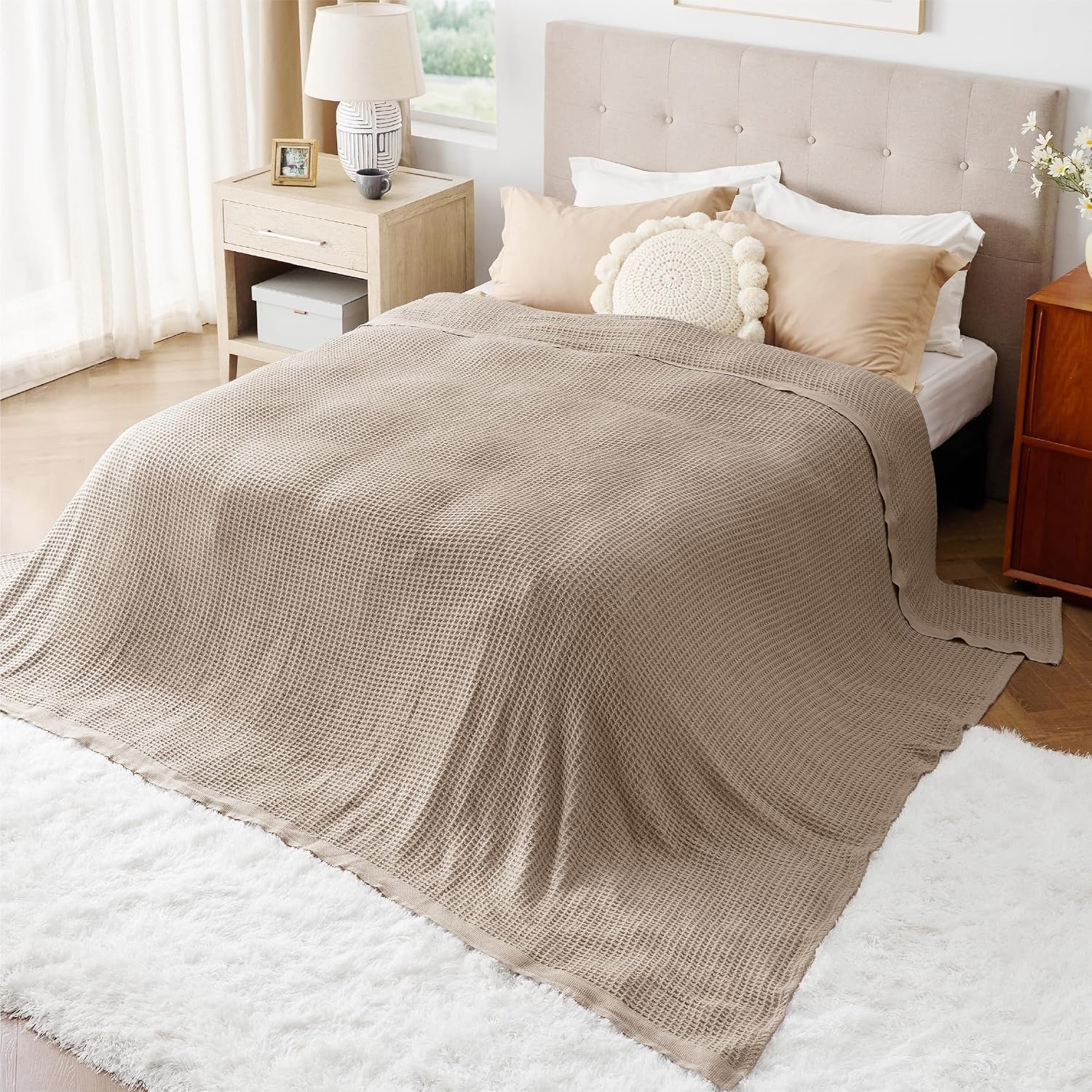 image:imageBedsure 100 Cotton Blanket Queen Size for Bed Cooling Breathable and Soft for Summer and Fall Thick Cozy Waffle Weave Blanket Gifts for Women White 90x90 Inches03 Taupe