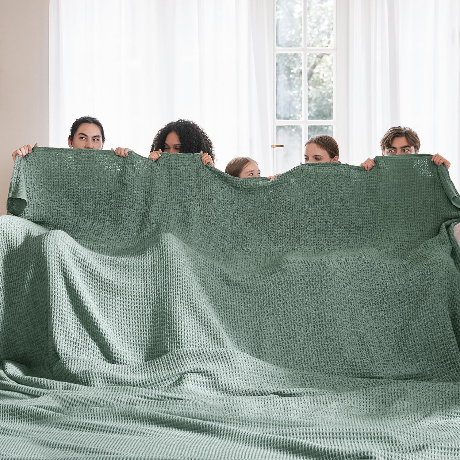 image:imageBedsure 100 Cotton Blanket Queen Size for Bed Cooling Breathable and Soft for Summer and Fall Thick Cozy Waffle Weave Blanket Gifts for Women White 90x90 Inches04 Sage Green