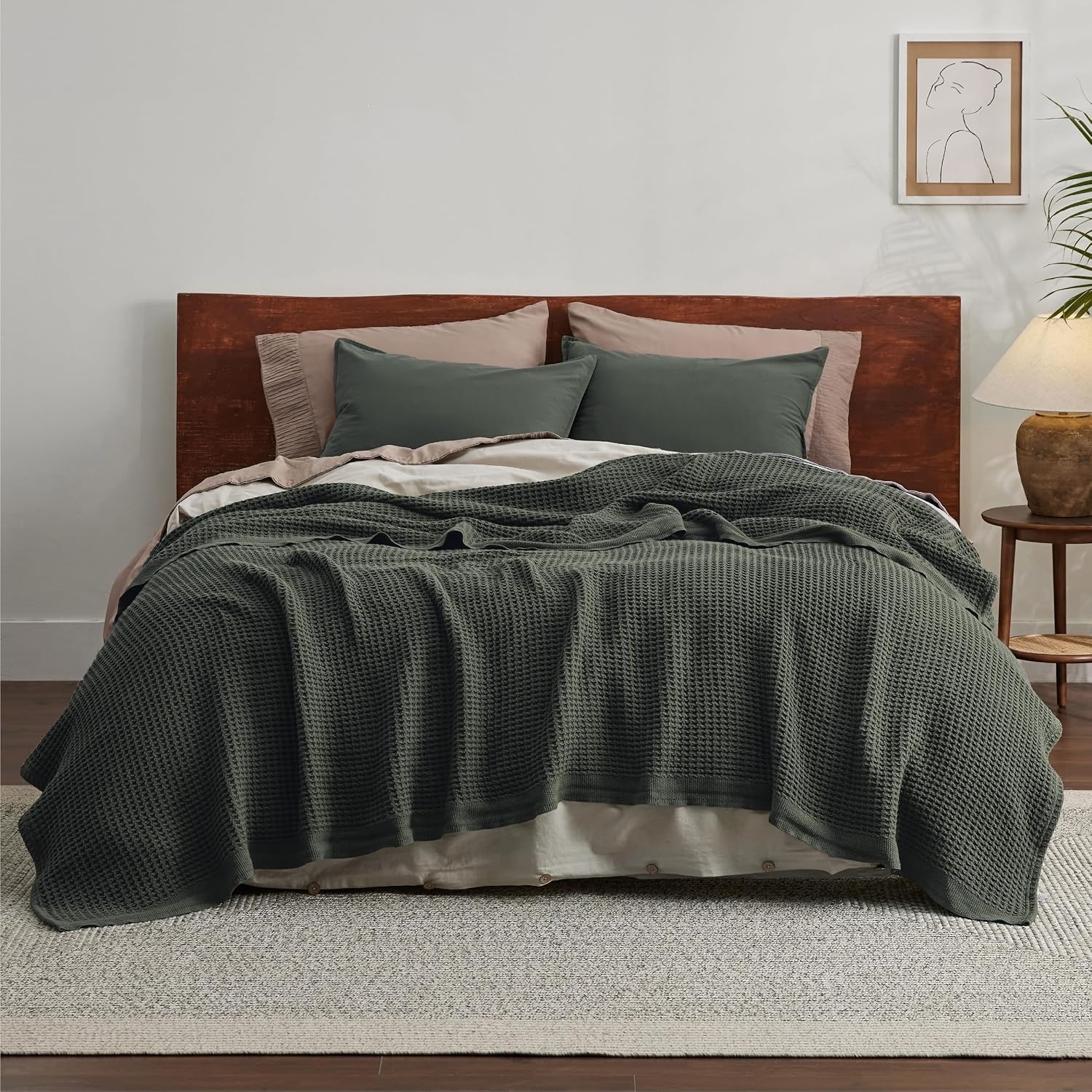 image:imageBedsure 100 Cotton Blanket Queen Size for Bed Cooling Breathable and Soft for Summer and Fall Thick Cozy Waffle Weave Blanket Gifts for Women White 90x90 Inches05 Olive Green
