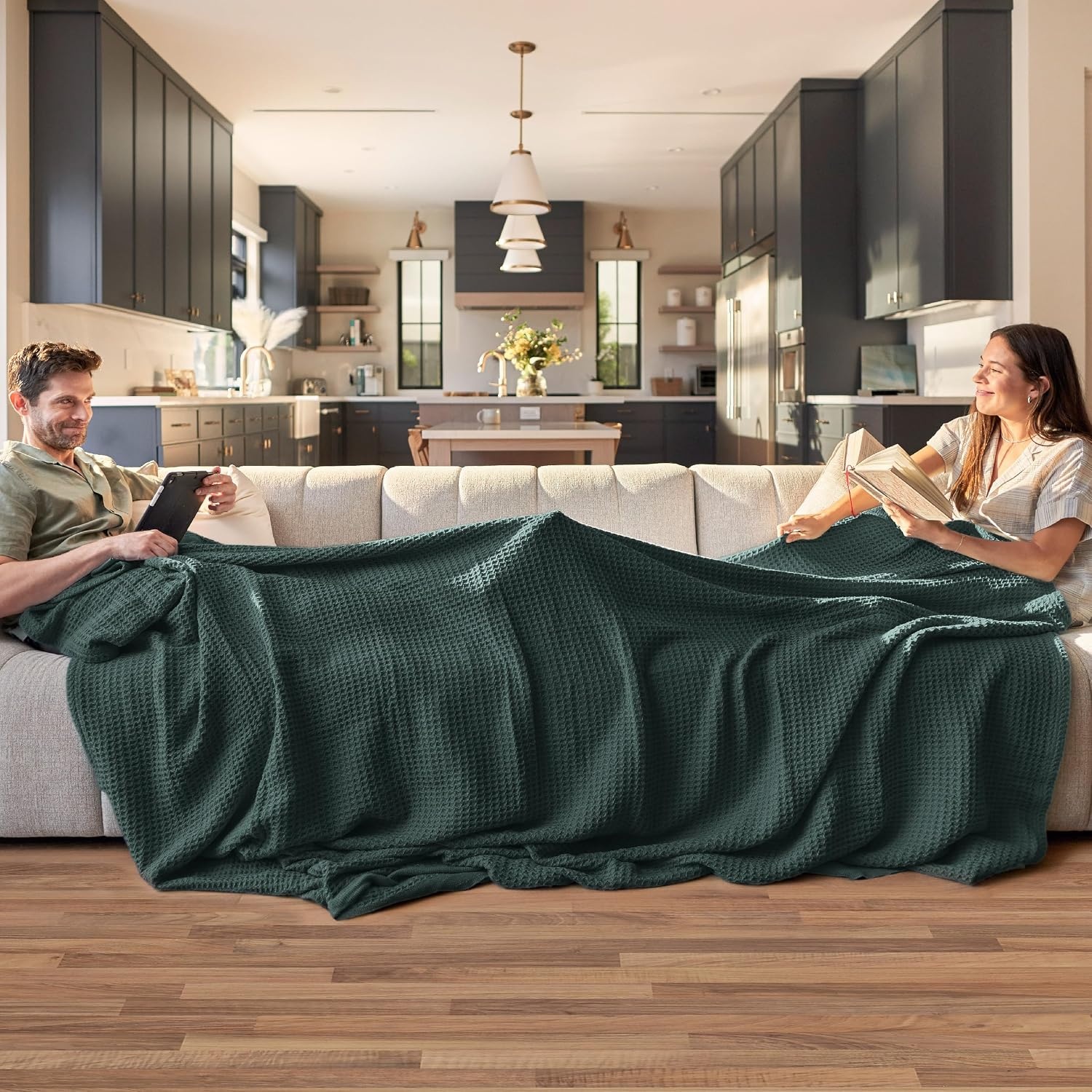 image:imageBedsure 100 Cotton Blanket Queen Size for Bed Cooling Breathable and Soft for Summer and Fall Thick Cozy Waffle Weave Blanket Gifts for Women White 90x90 Inches13 Dark Green